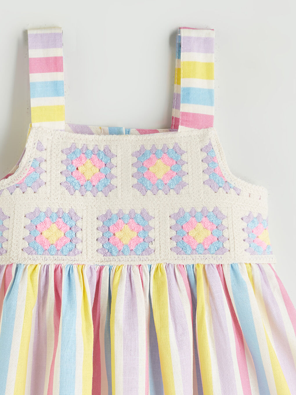 Karışık Kare Yaka Kız Çocuk Keten Elbise-2