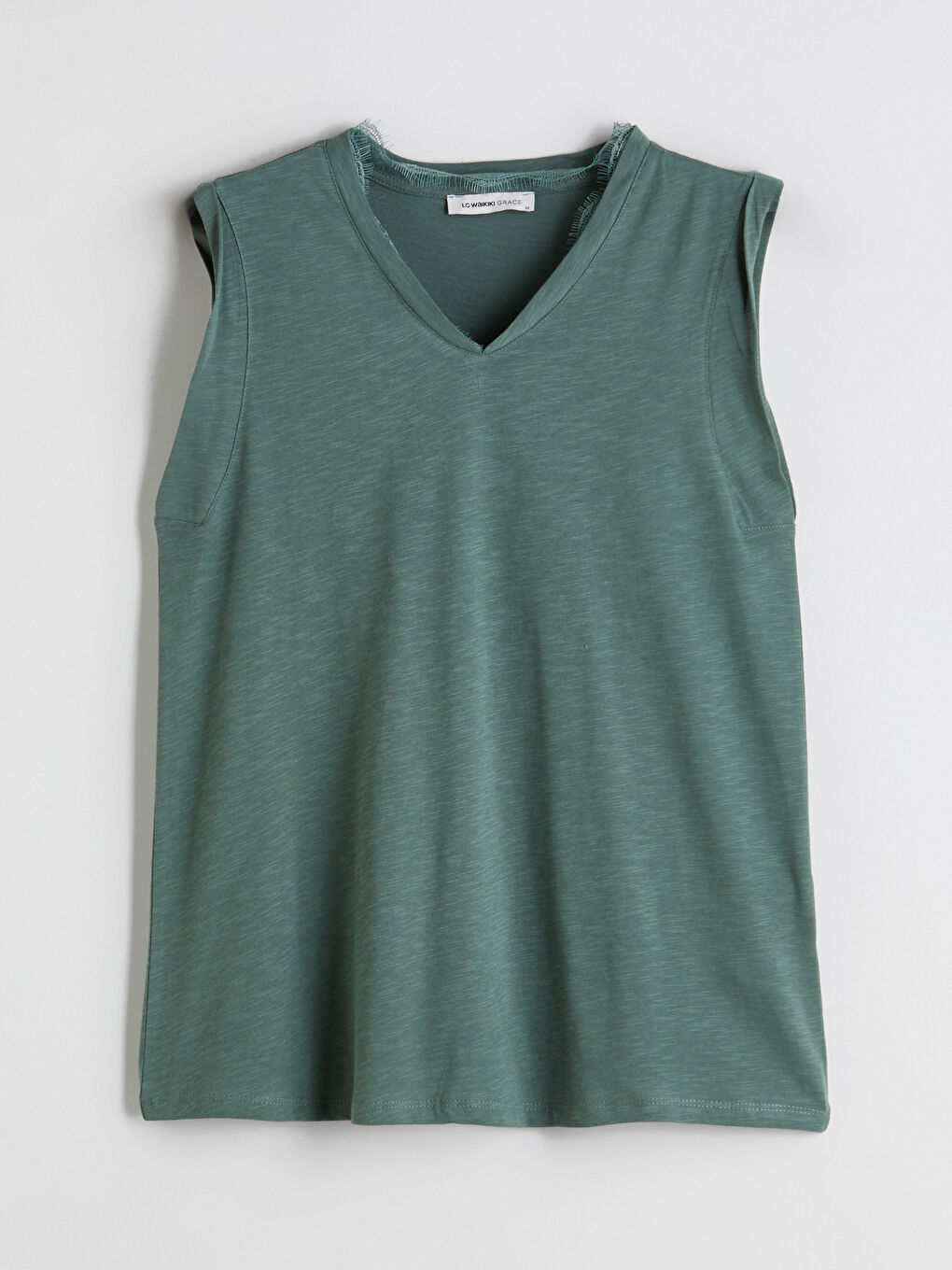 Yeşil V Yaka Keten Görünümlü Bluz-4