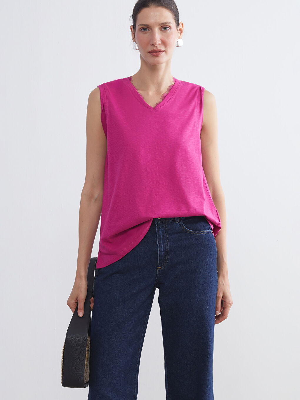 Fuşya V Yaka Keten Görünümlü Bluz-1