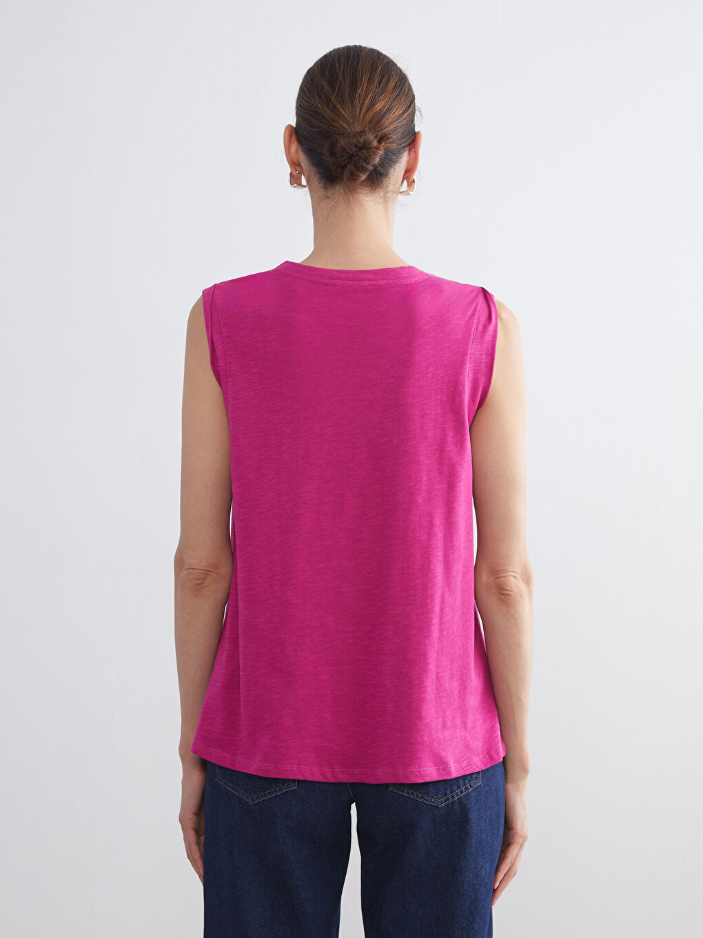 Fuşya V Yaka Keten Görünümlü Bluz-3