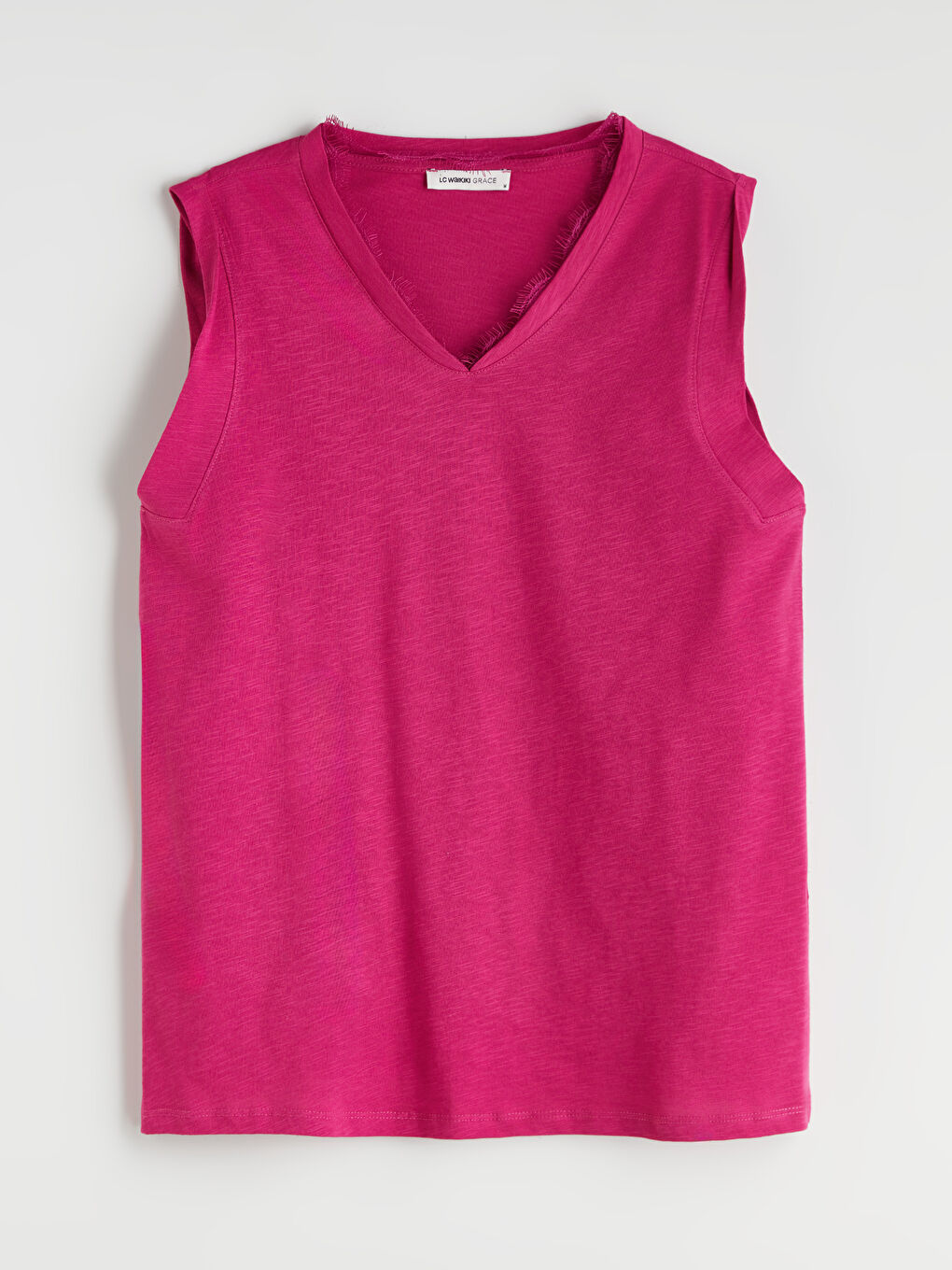 Fuşya V Yaka Keten Görünümlü Bluz-4