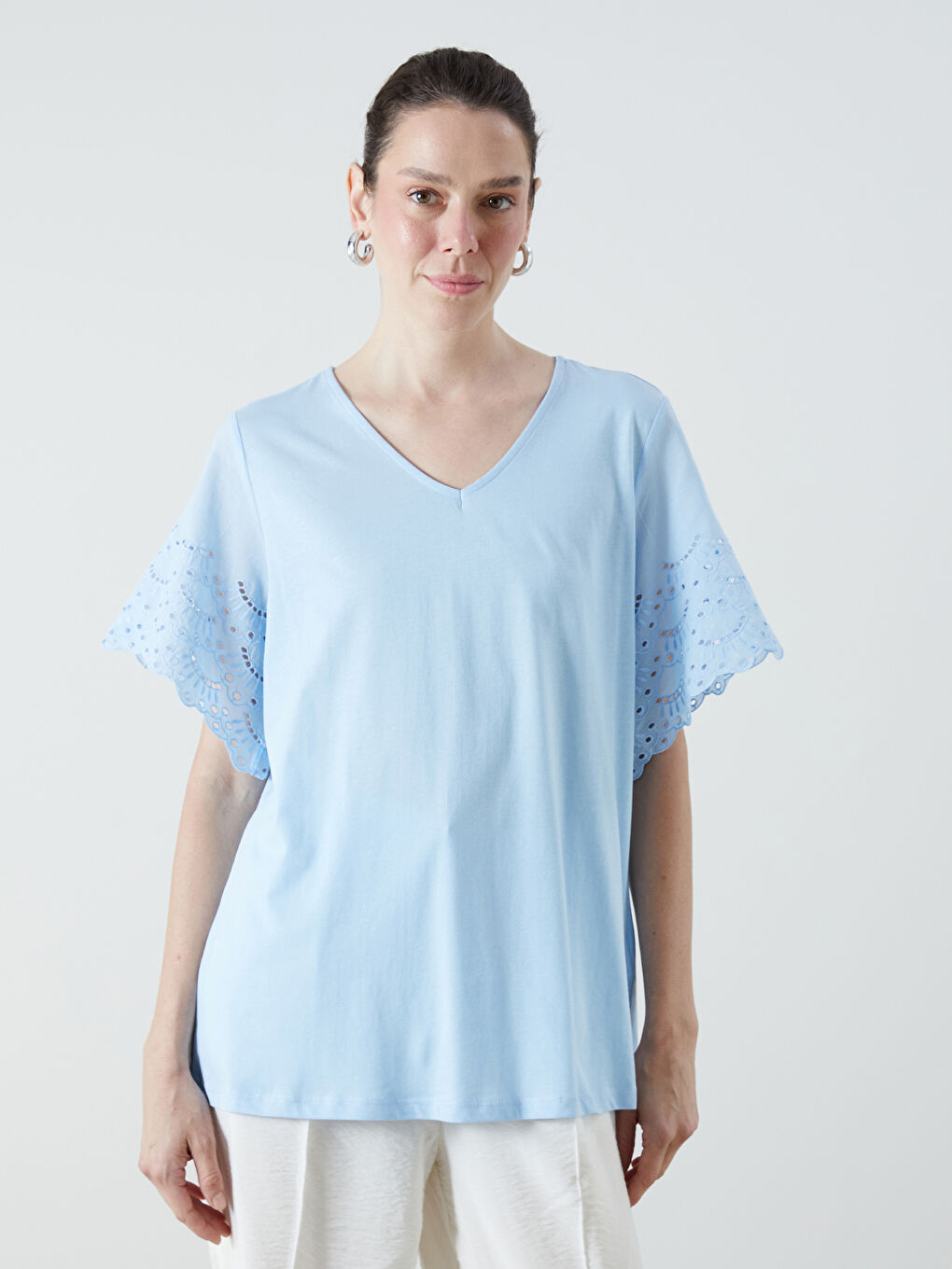 Mavi V Yaka Ajurlu Bluz