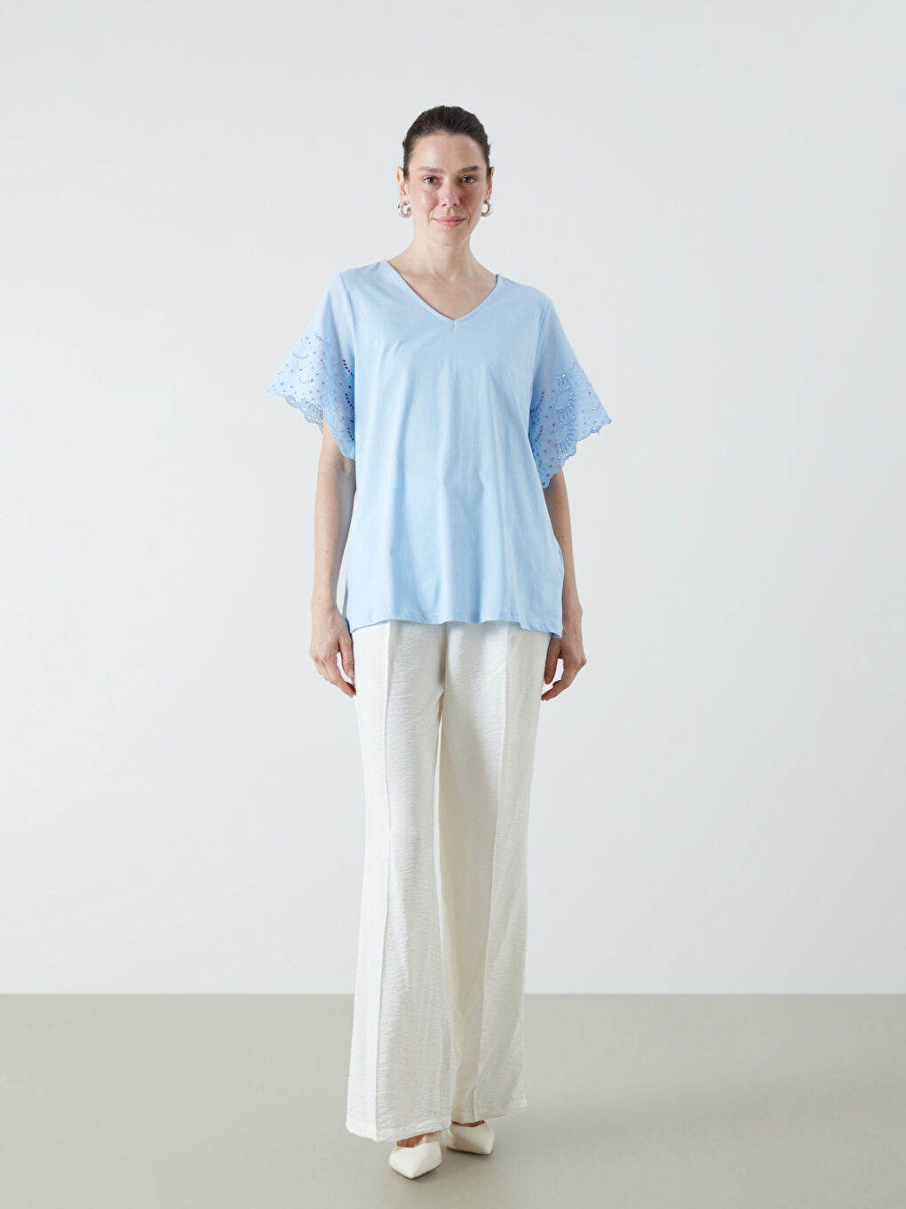 Mavi V Yaka Ajurlu Bluz-1