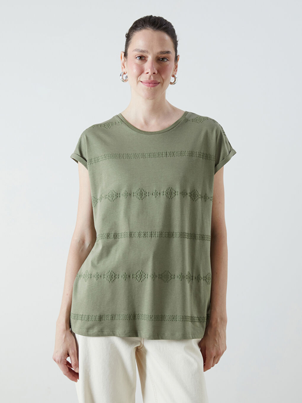 Haki Bisiklet Yaka Desenli Bluz