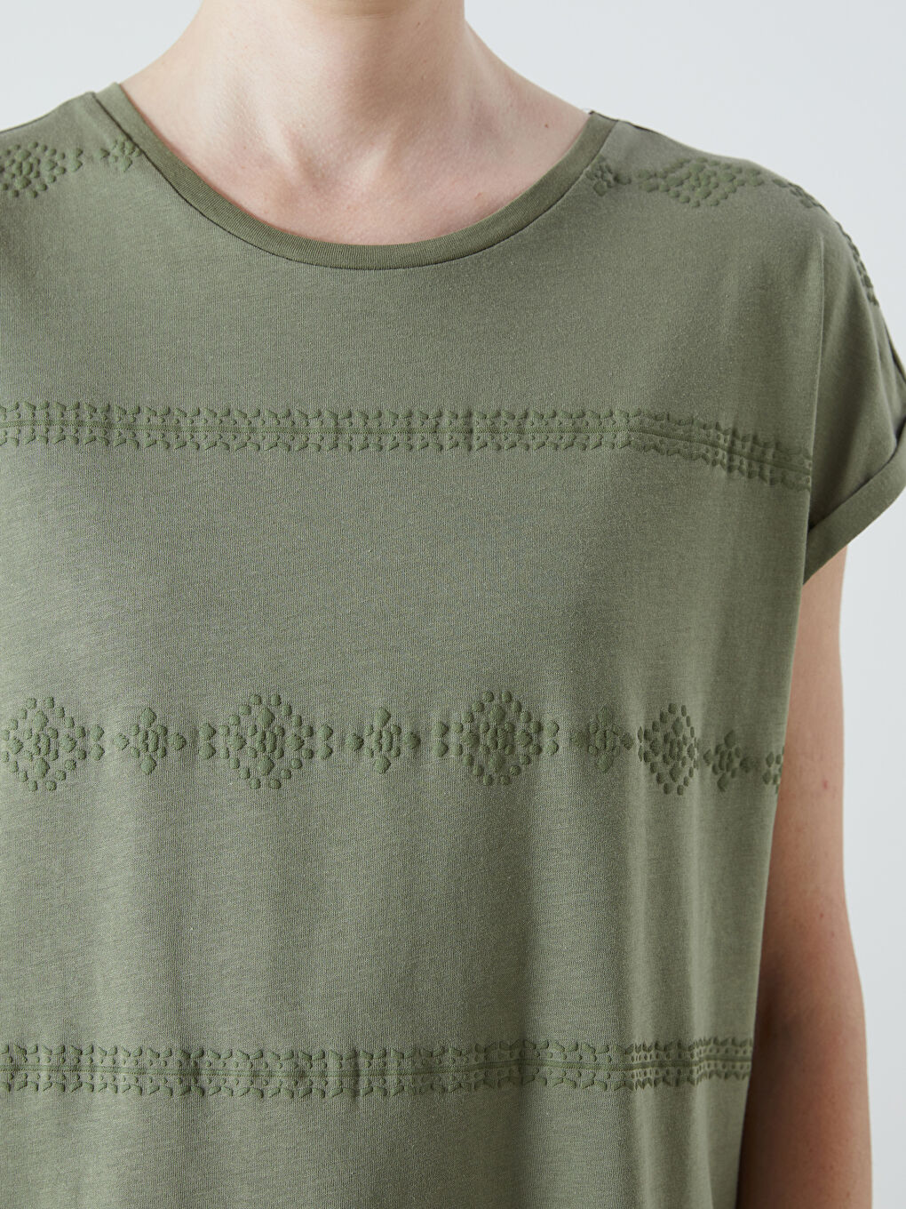 Haki Bisiklet Yaka Desenli Bluz-2