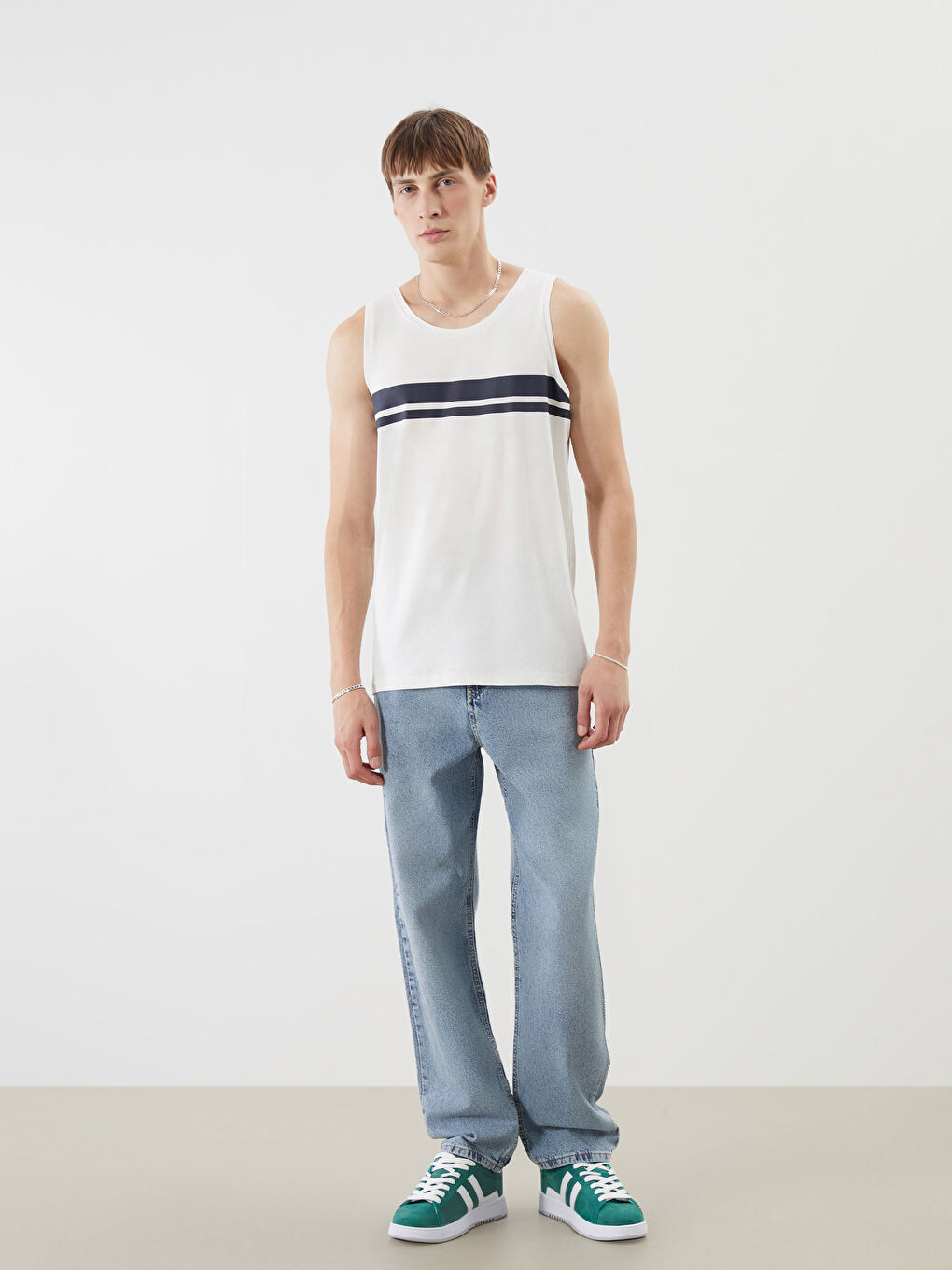 Ekru Bisiklet Yaka Baskılı Erkek Kolsuz Tişört-1