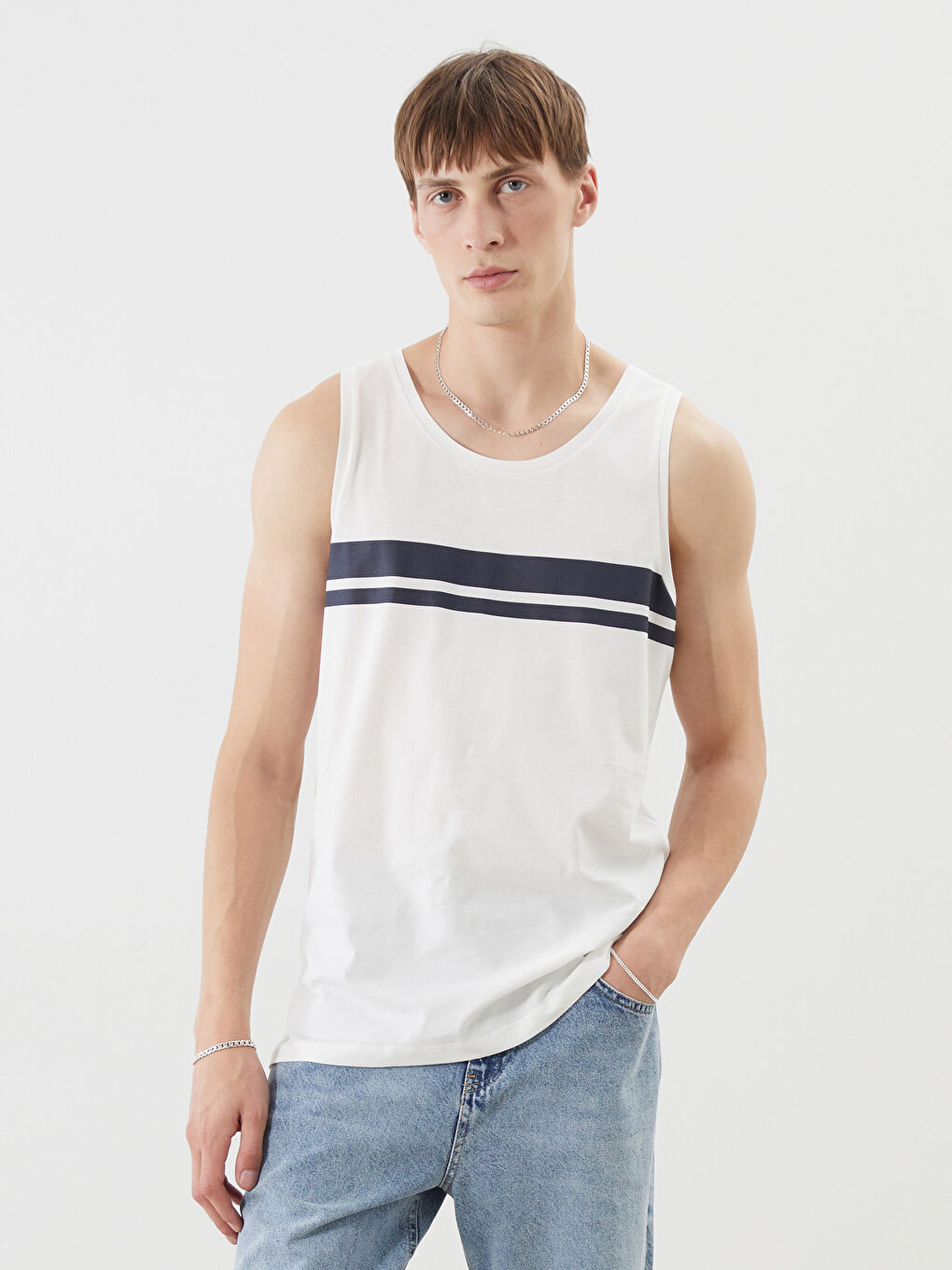 Ekru Bisiklet Yaka Baskılı Erkek Kolsuz Tişört-2