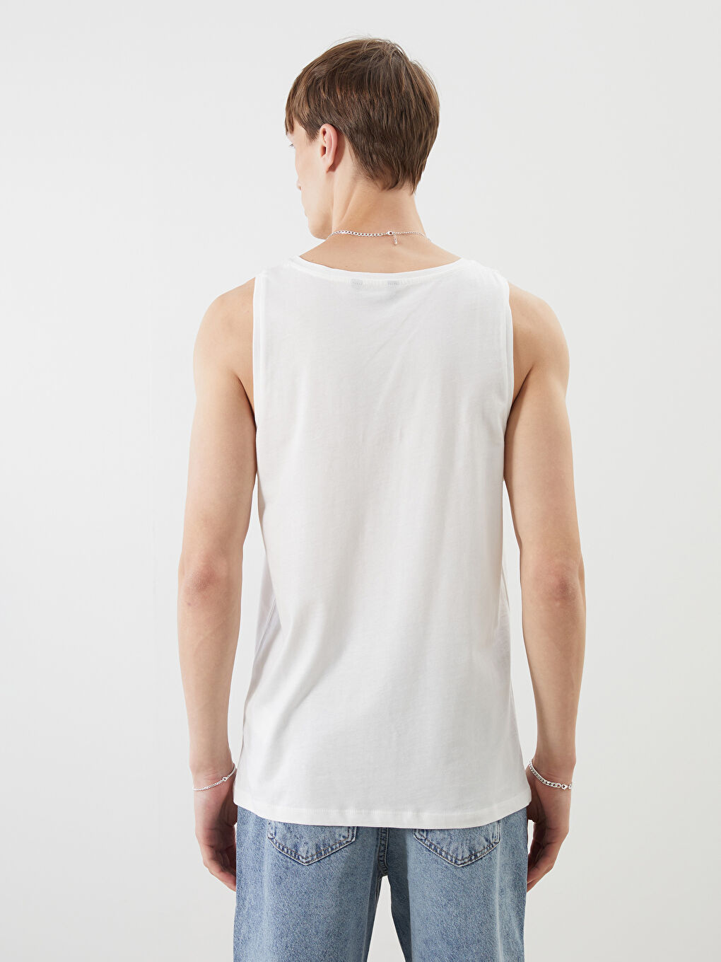 Ekru Bisiklet Yaka Baskılı Erkek Kolsuz Tişört-3