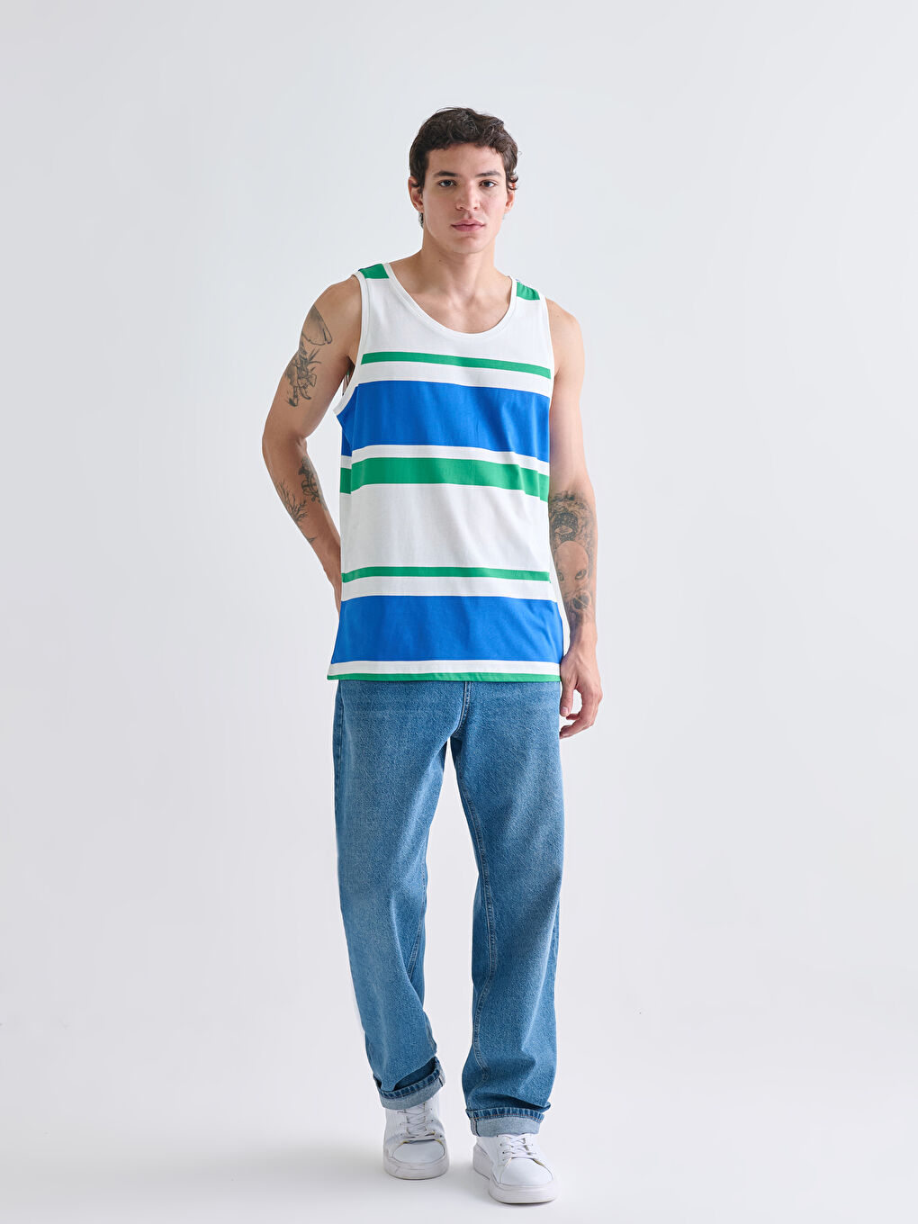 Ekru Bisiklet Yaka Çizgili Erkek Kolsuz Tişört-1