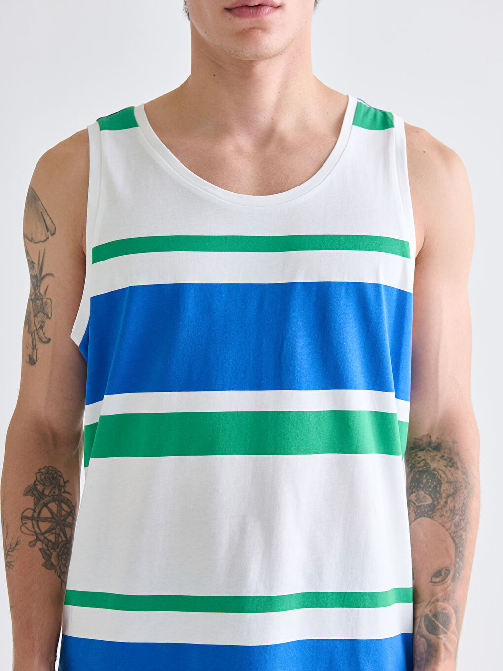 Ekru Bisiklet Yaka Çizgili Erkek Kolsuz Tişört-2