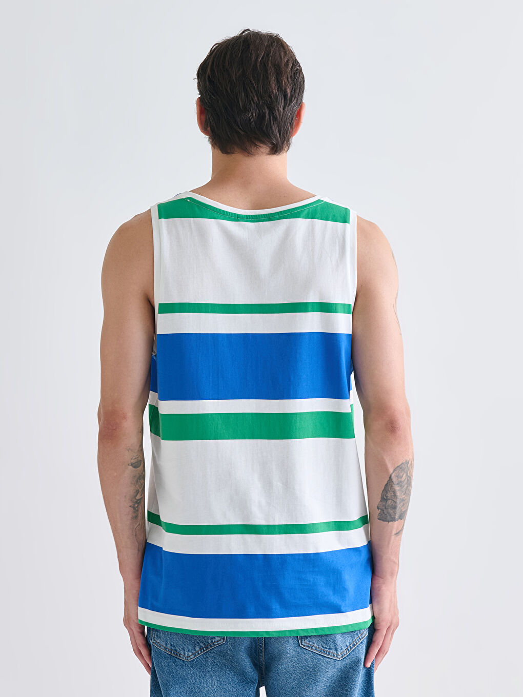 Ekru Bisiklet Yaka Çizgili Erkek Kolsuz Tişört-3