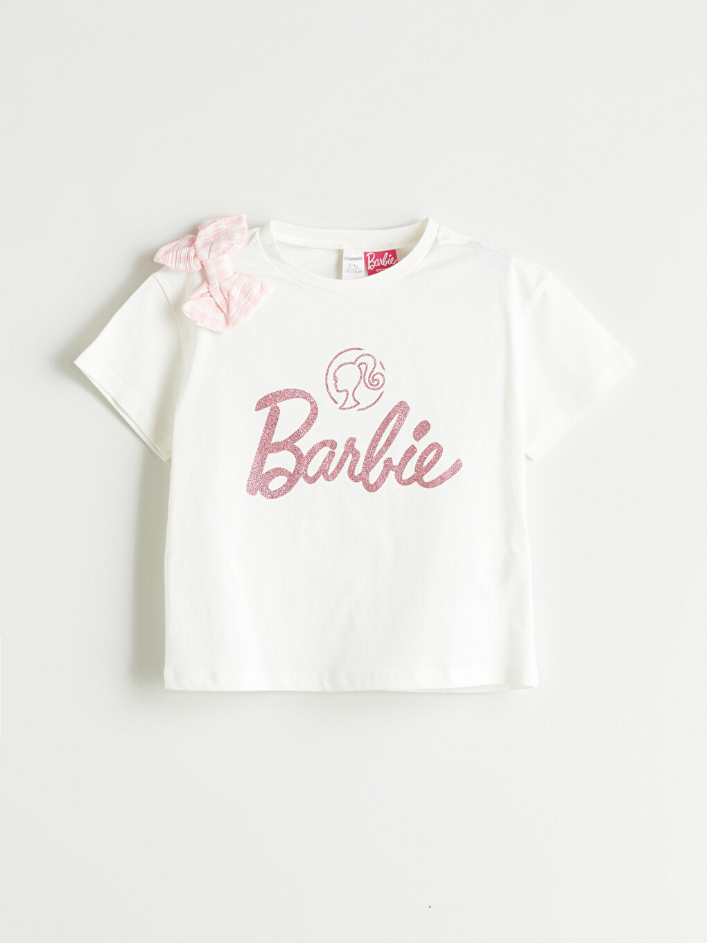 Beyaz Bisiklet Yaka Barbie Baskılı Kız Çocuk Tişört