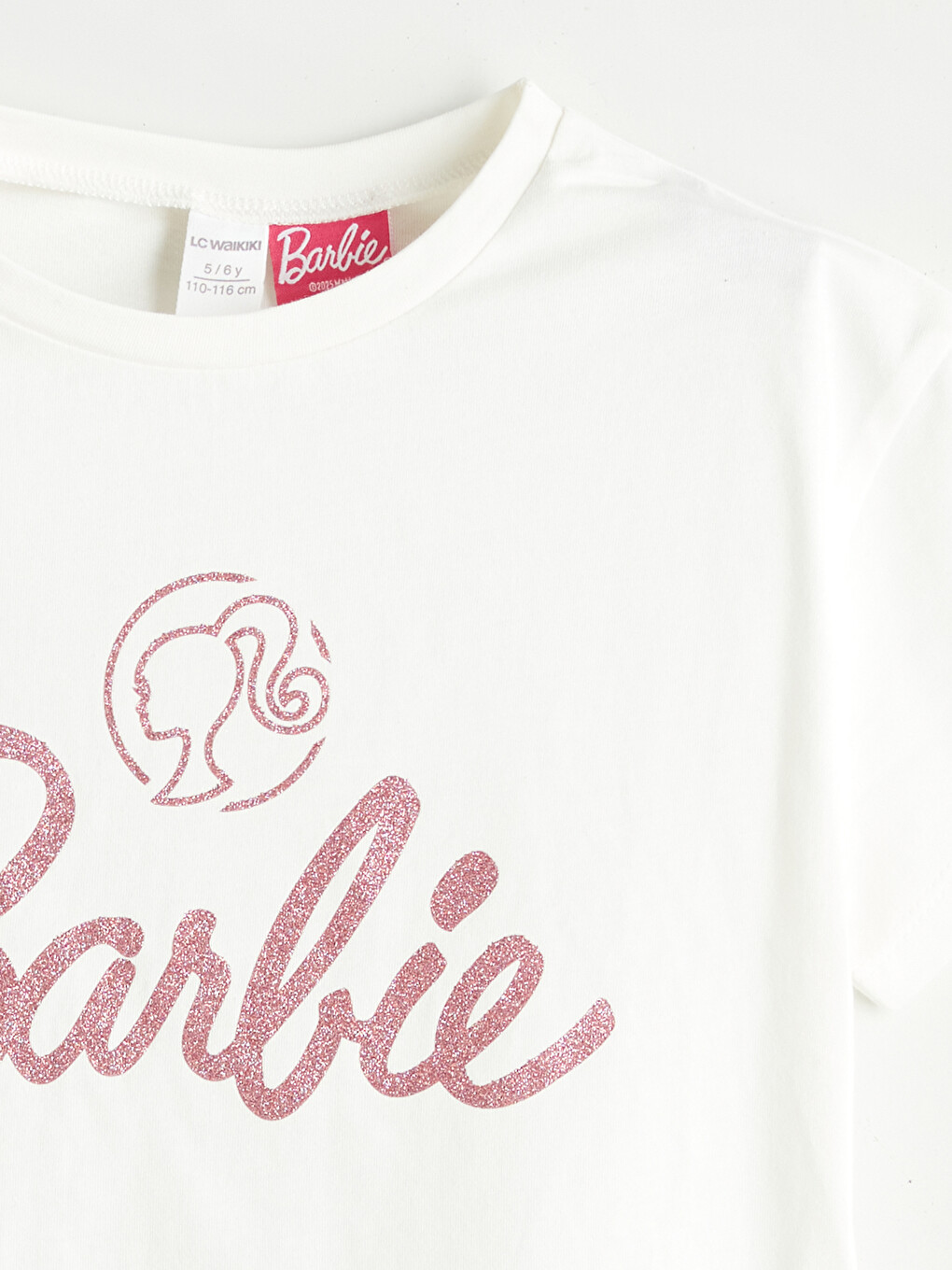 Beyaz Bisiklet Yaka Barbie Baskılı Kız Çocuk Tişört-2