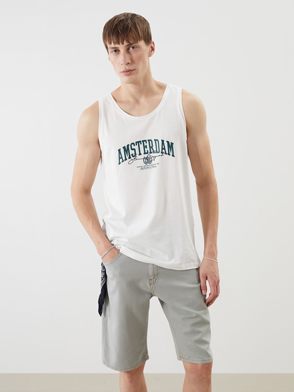 Ekru Bisiklet Yaka Baskılı Erkek Kolsuz Tişört