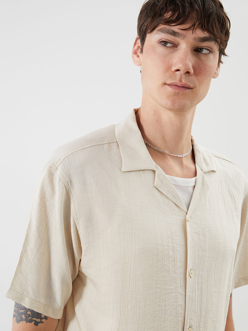 Bej Regular Fit Resort Yaka Kısa Kollu Erkek Gömlek-2