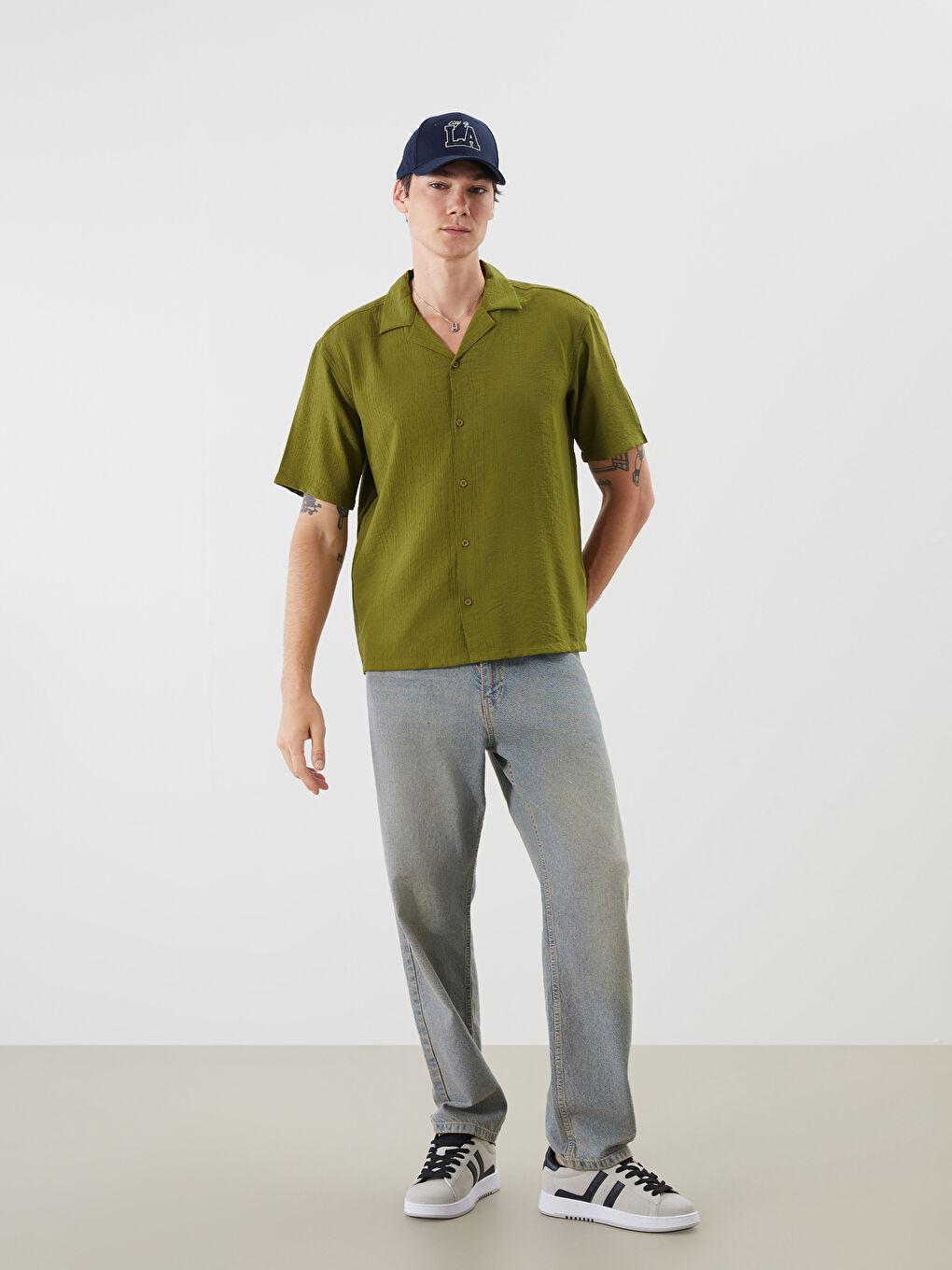 Yeşil Regular Fit Resort Yaka Kısa Kollu Erkek Gömlek-1