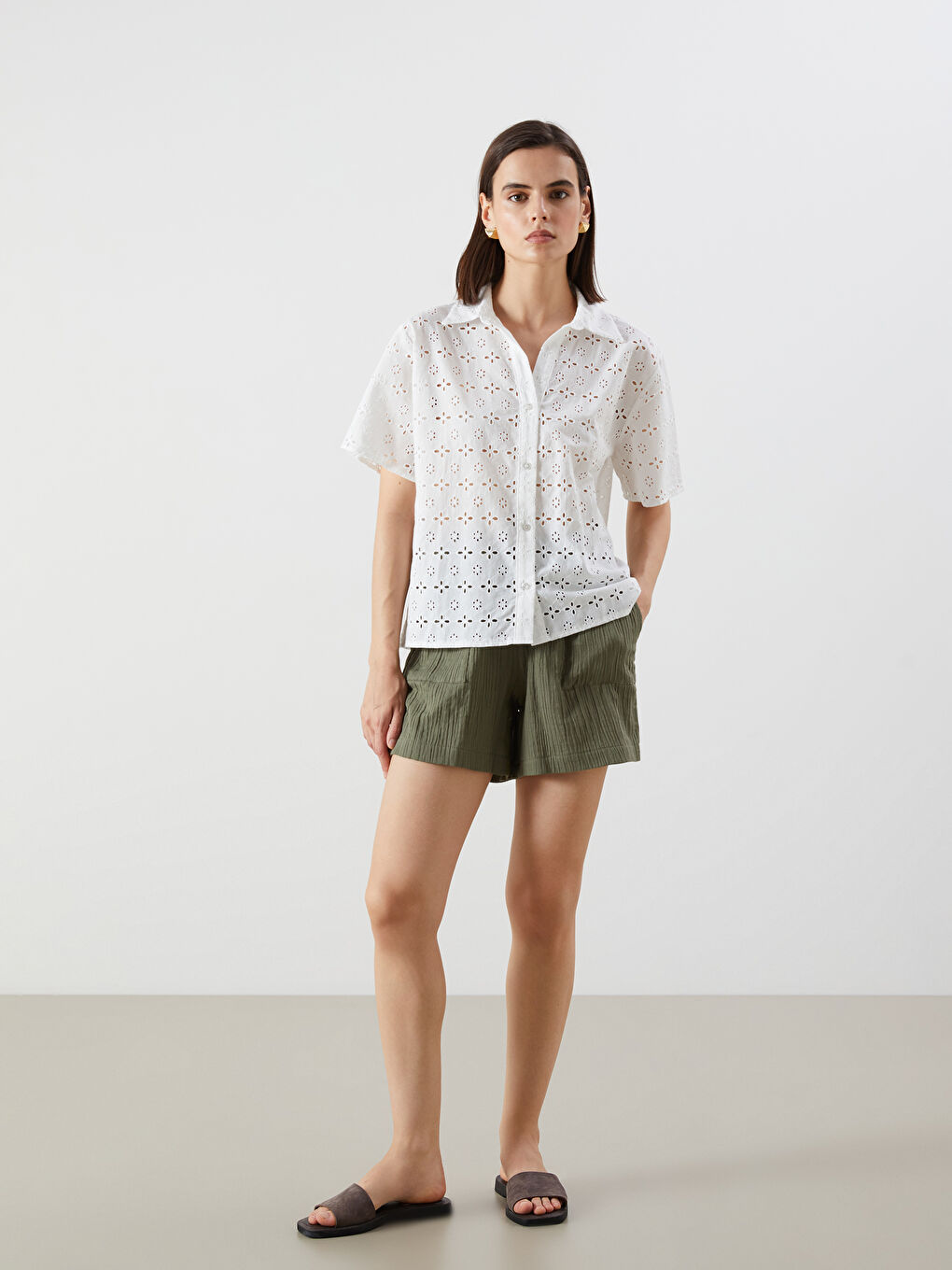 Ekru Ajurlu Oversize Kadın Gömlek-1