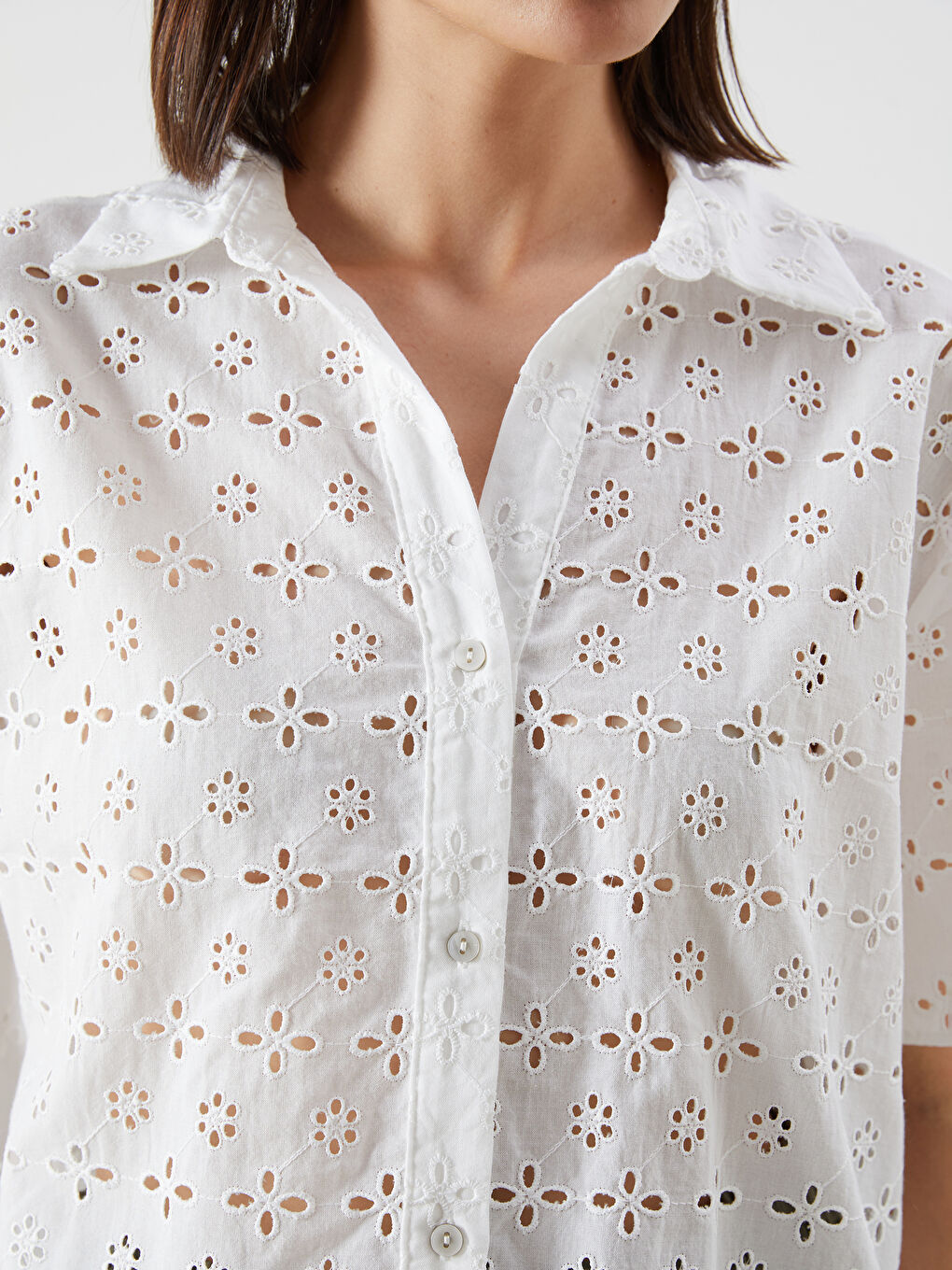 Ekru Ajurlu Oversize Kadın Gömlek-2