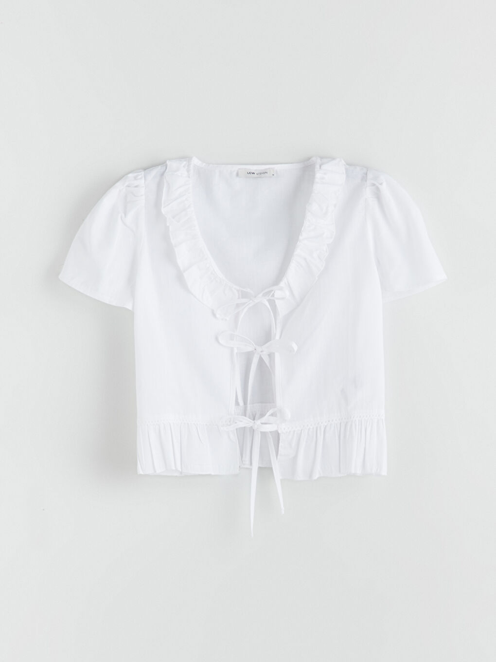 Ekru Fırfırlı V Yaka Bluz-4