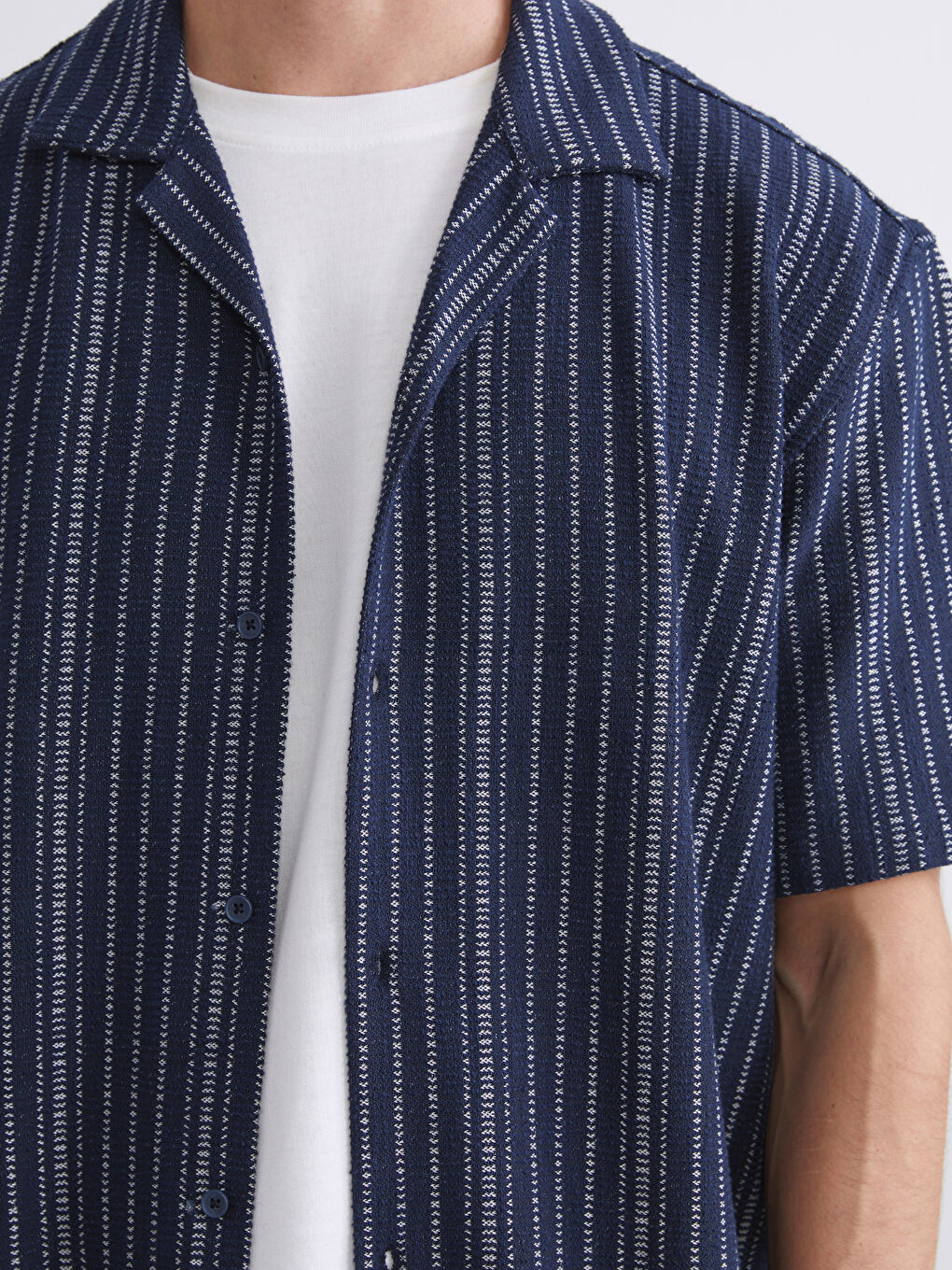 Lacivert Rahat Kalıp Resort Yaka Çizgili Erkek Gömlek-2