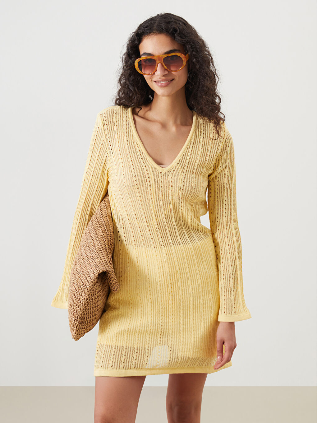 LCW DREAM V-Neck Hole-Knitted Beach Dress -S5RR78Z8-FRN