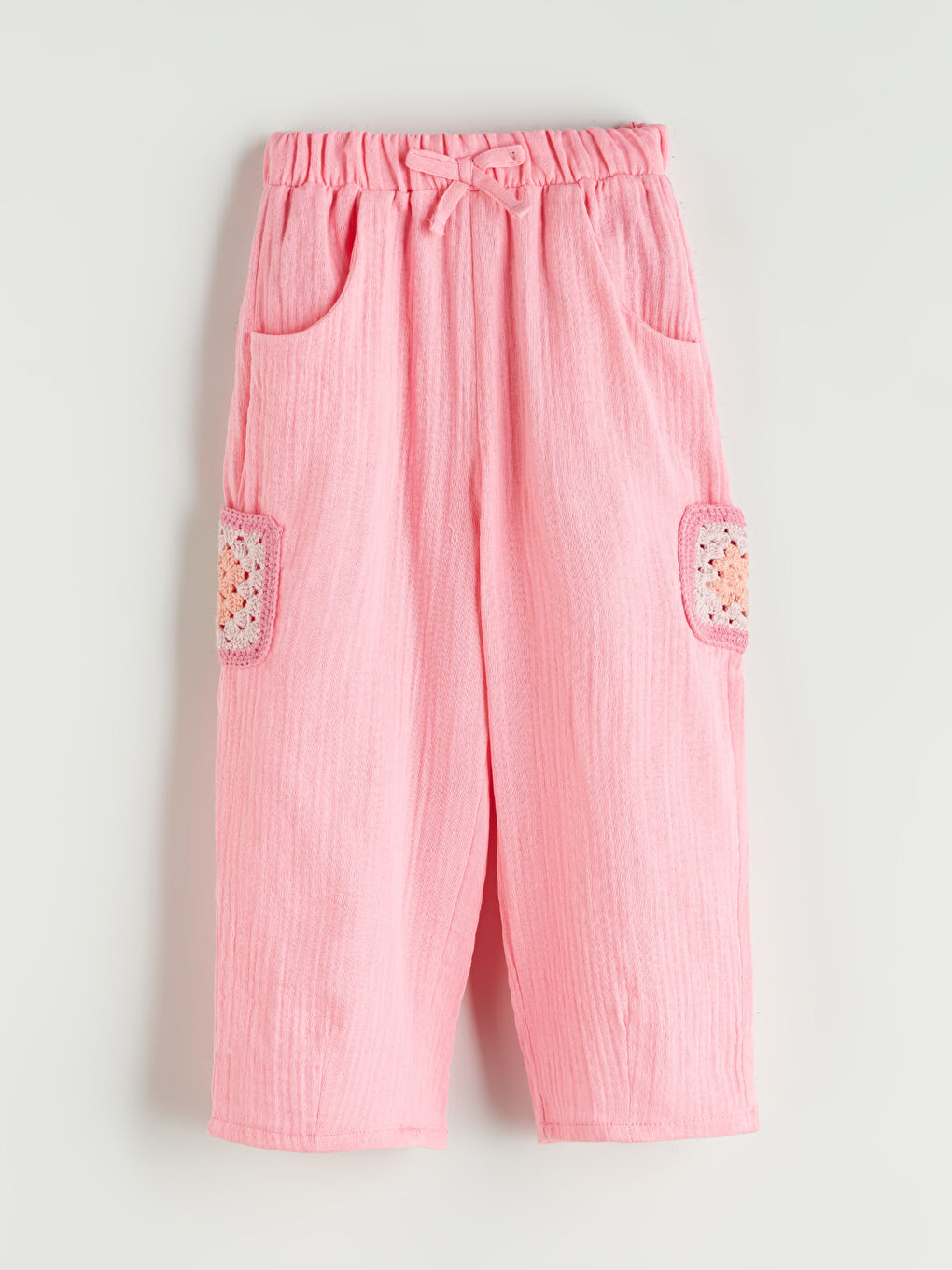 Pembe Beli Lastikli Dantel Detaylı Müslin Kız Çocuk Pantolon
