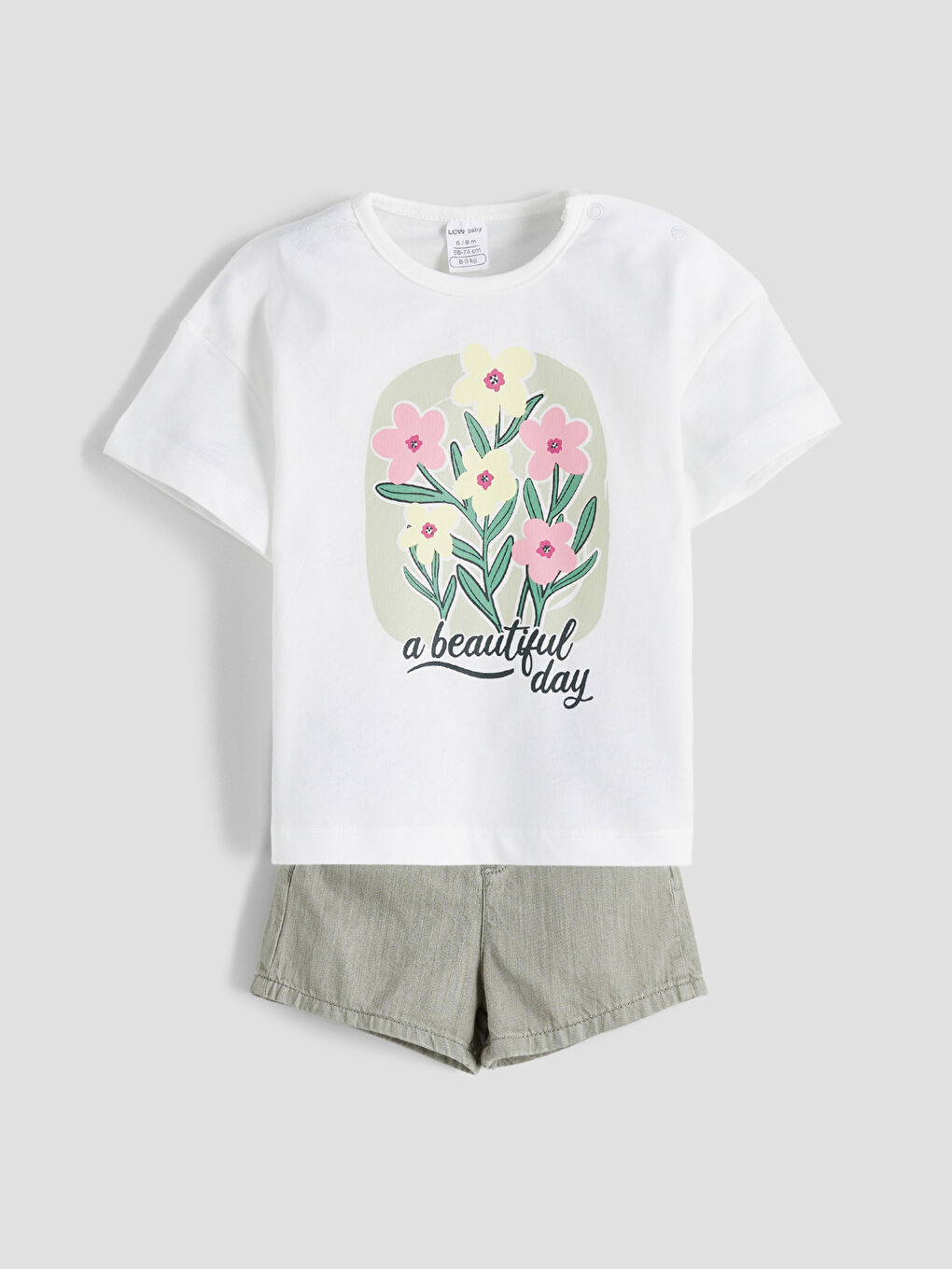 Ekru Bisiklet Yaka Kız Bebek Tişört ve Jean Şort 2'li