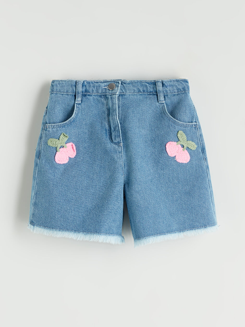 Mavi Nakışlı Kız Çocuk Denim Görünümlü Şort