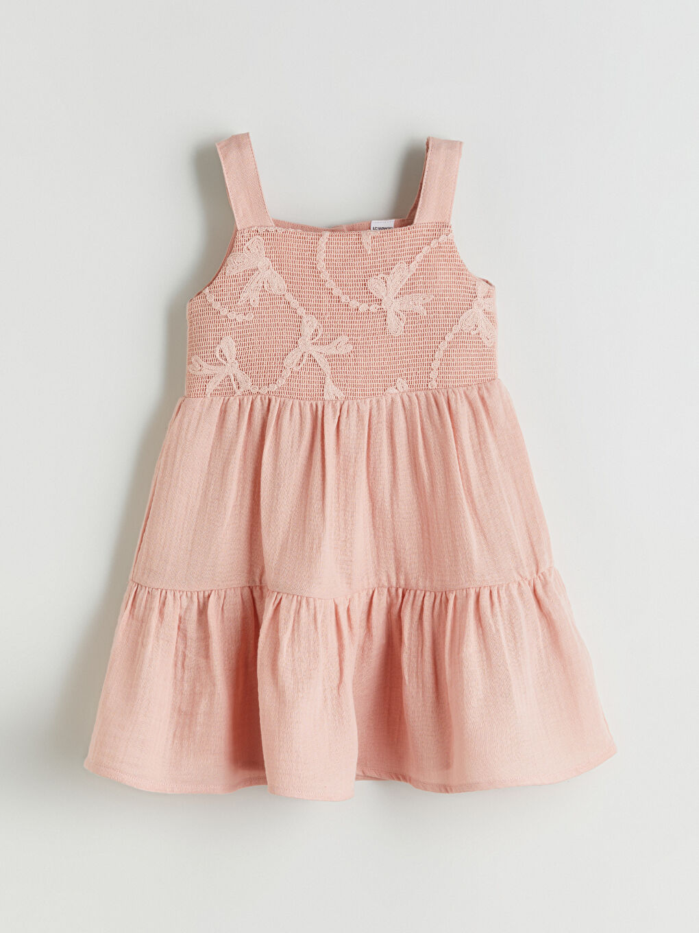Pembe Kare Yaka Fiyonk Detaylı Kız Çocuk Müslin Elbise
