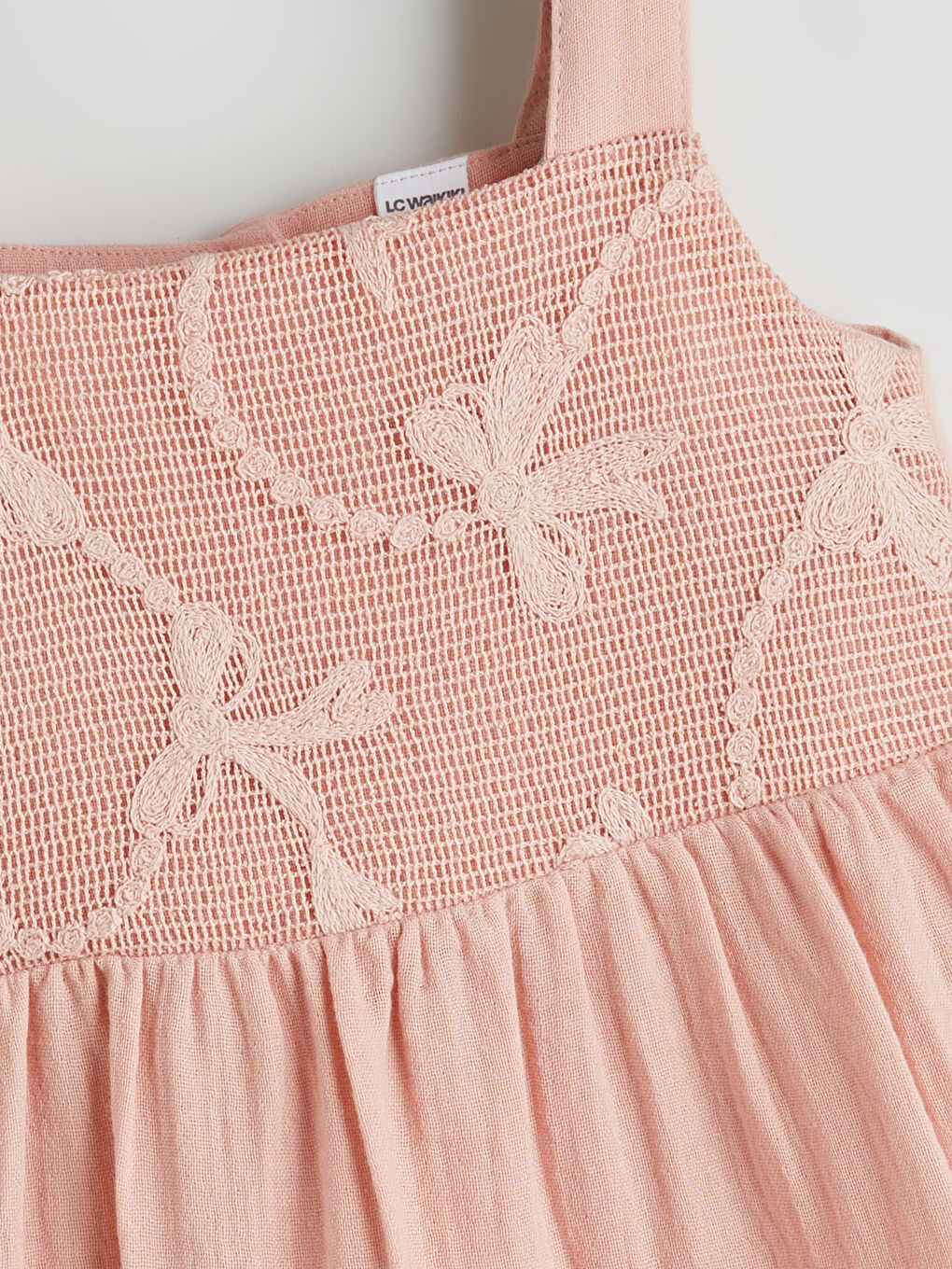 Pembe Kare Yaka Fiyonk Detaylı Kız Çocuk Müslin Elbise-1