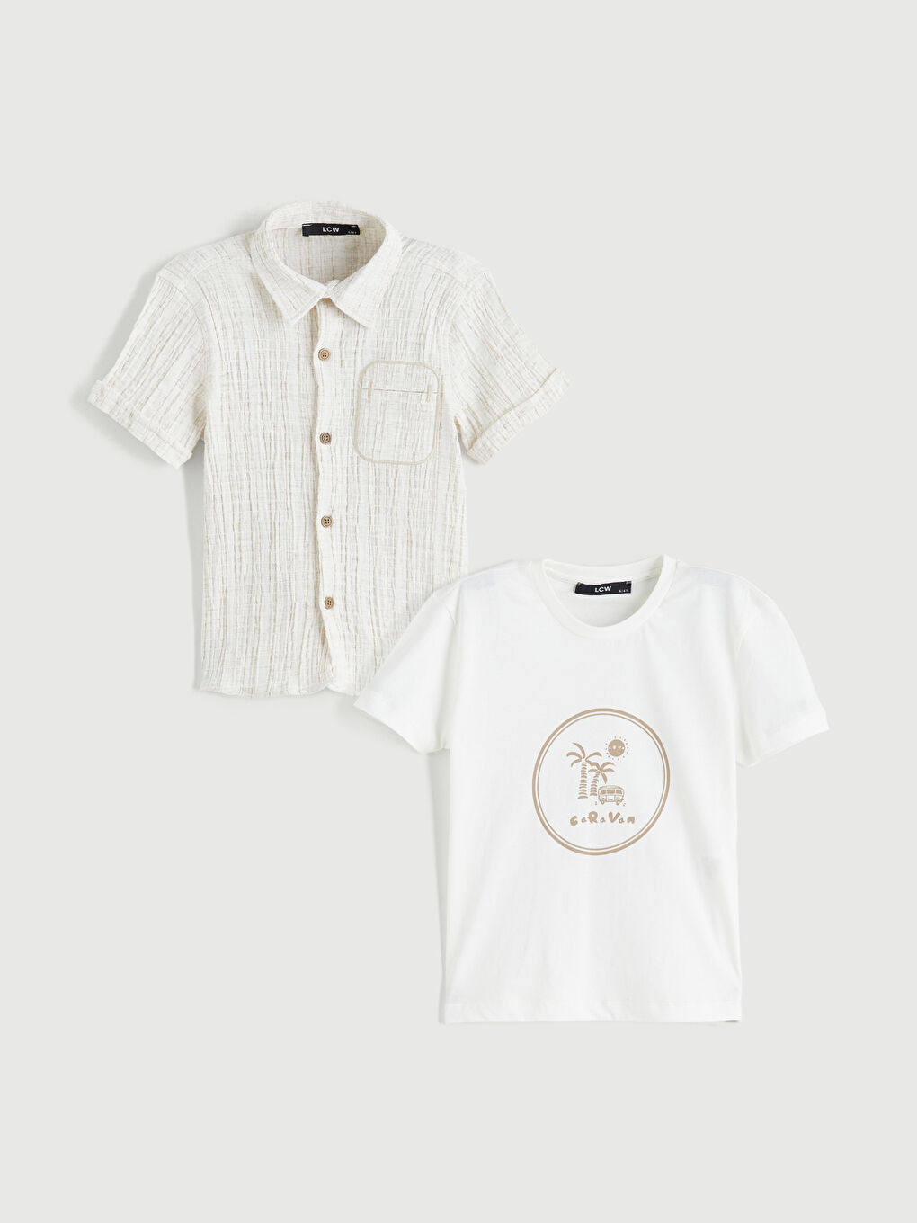 Bej Baskılı Erkek Çocuk Gömlek ve Tişört 2'li