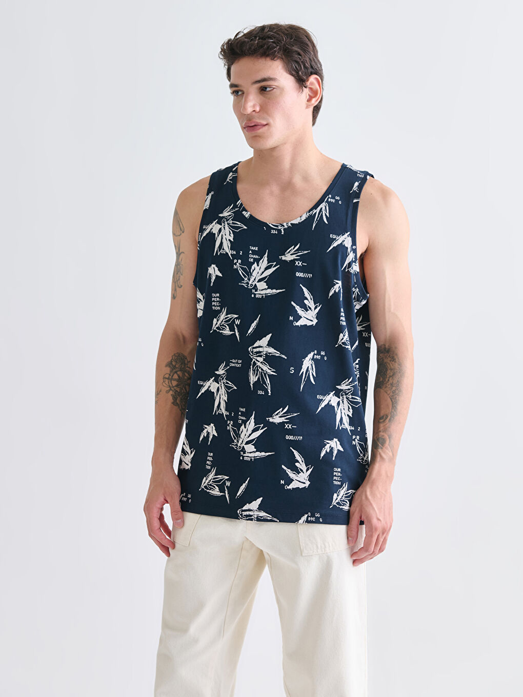 Lacivert Bisiklet Yaka Baskılı Erkek Kolsuz Tişört