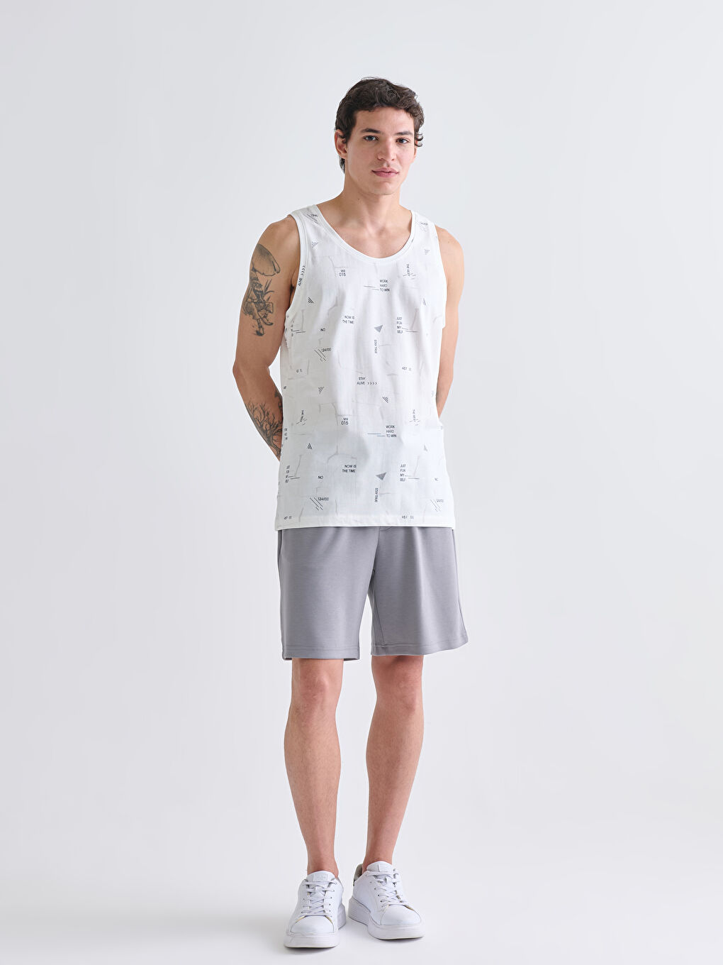 Ekru Bisiklet Yaka Baskılı Erkek Kolsuz Tişört-1