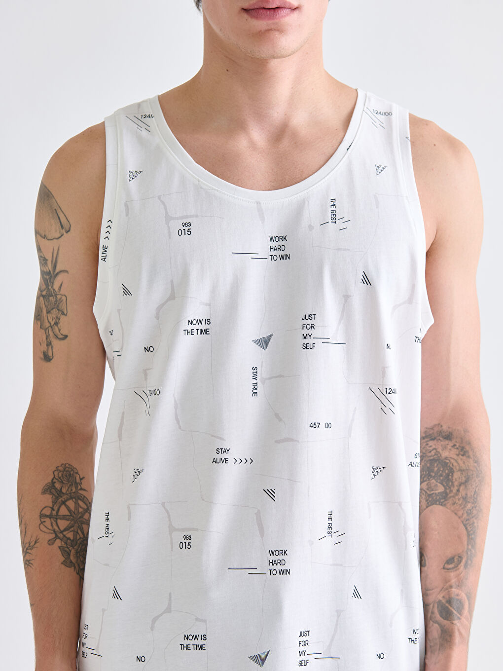 Ekru Bisiklet Yaka Baskılı Erkek Kolsuz Tişört-2