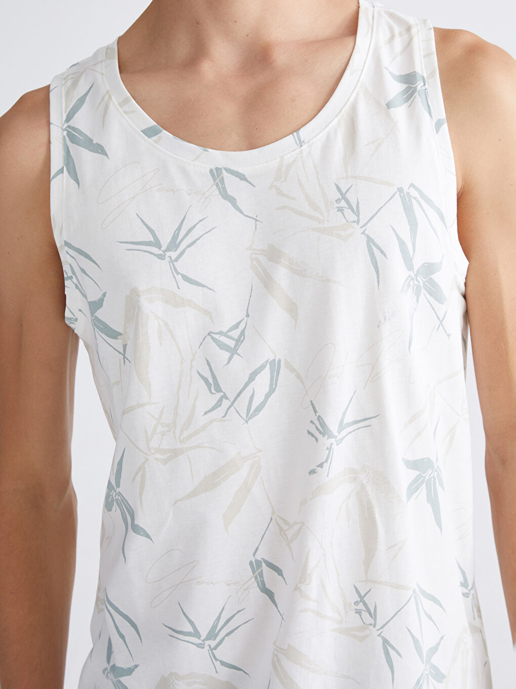 Ekru Bisiklet Yaka Baskılı Erkek Kolsuz Tişört-2