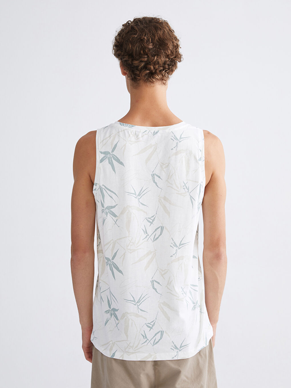 Ekru Bisiklet Yaka Baskılı Erkek Kolsuz Tişört-3