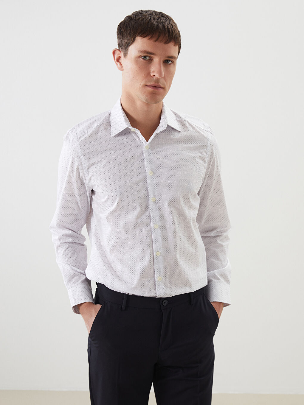 Slim Fit Long Sleeve Patterned Poplin Men's Shirt