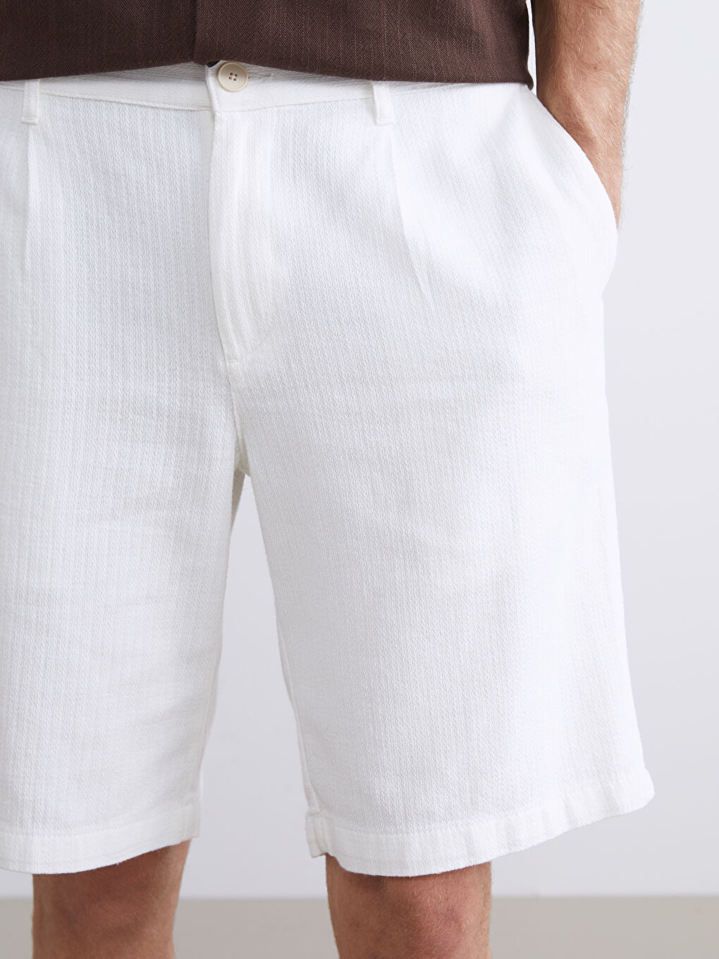 Ekru Standart Kalıp Armürlü Erkek Şort-2