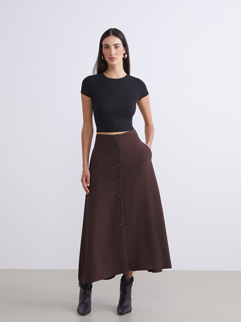 Kahverengi Loose Fit A Kesim Müslin Etek
