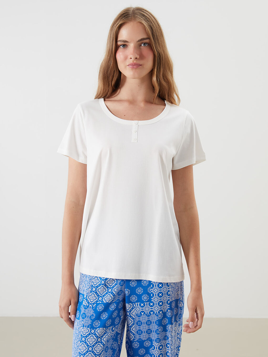 Mavi Bisiklet Yaka Desenli Kadın Kaprili Pijama Takımı-1