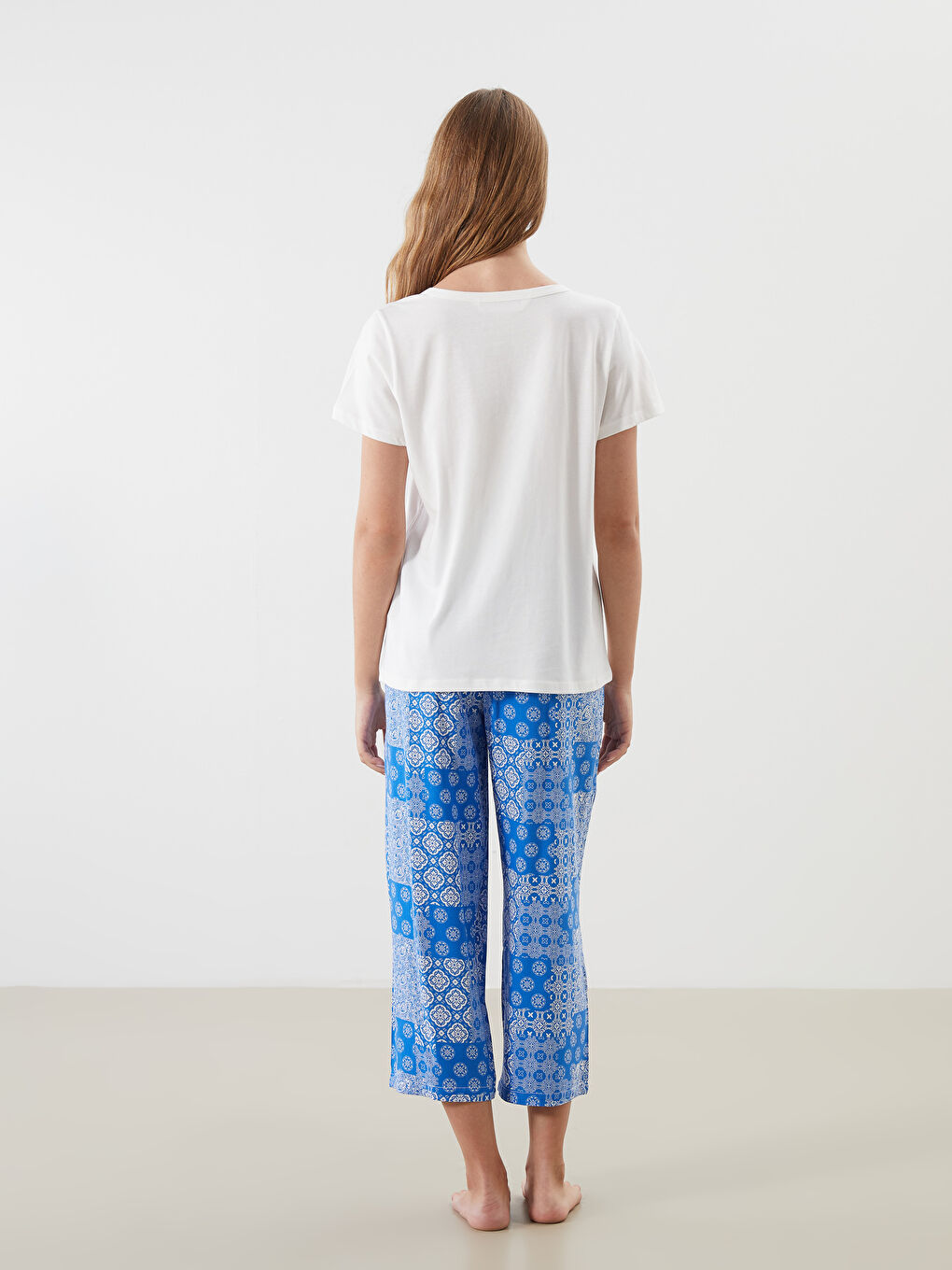 Mavi Bisiklet Yaka Desenli Kadın Kaprili Pijama Takımı-3