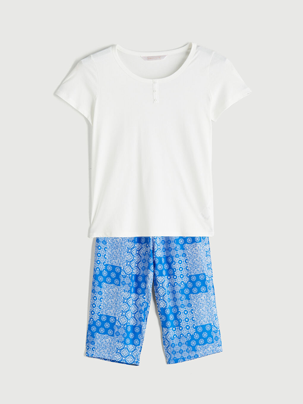 Mavi Bisiklet Yaka Desenli Kadın Kaprili Pijama Takımı-4