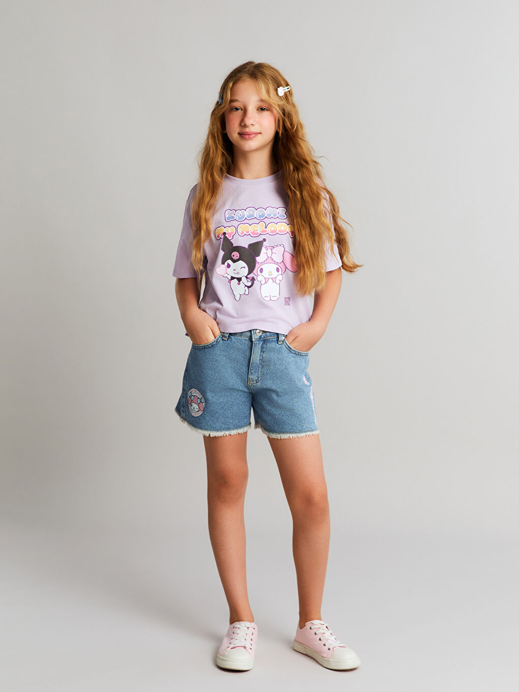 Lila Bisiklet Yaka Kuromi ve My Melody Baskılı Kız Çocuk Tişört-1