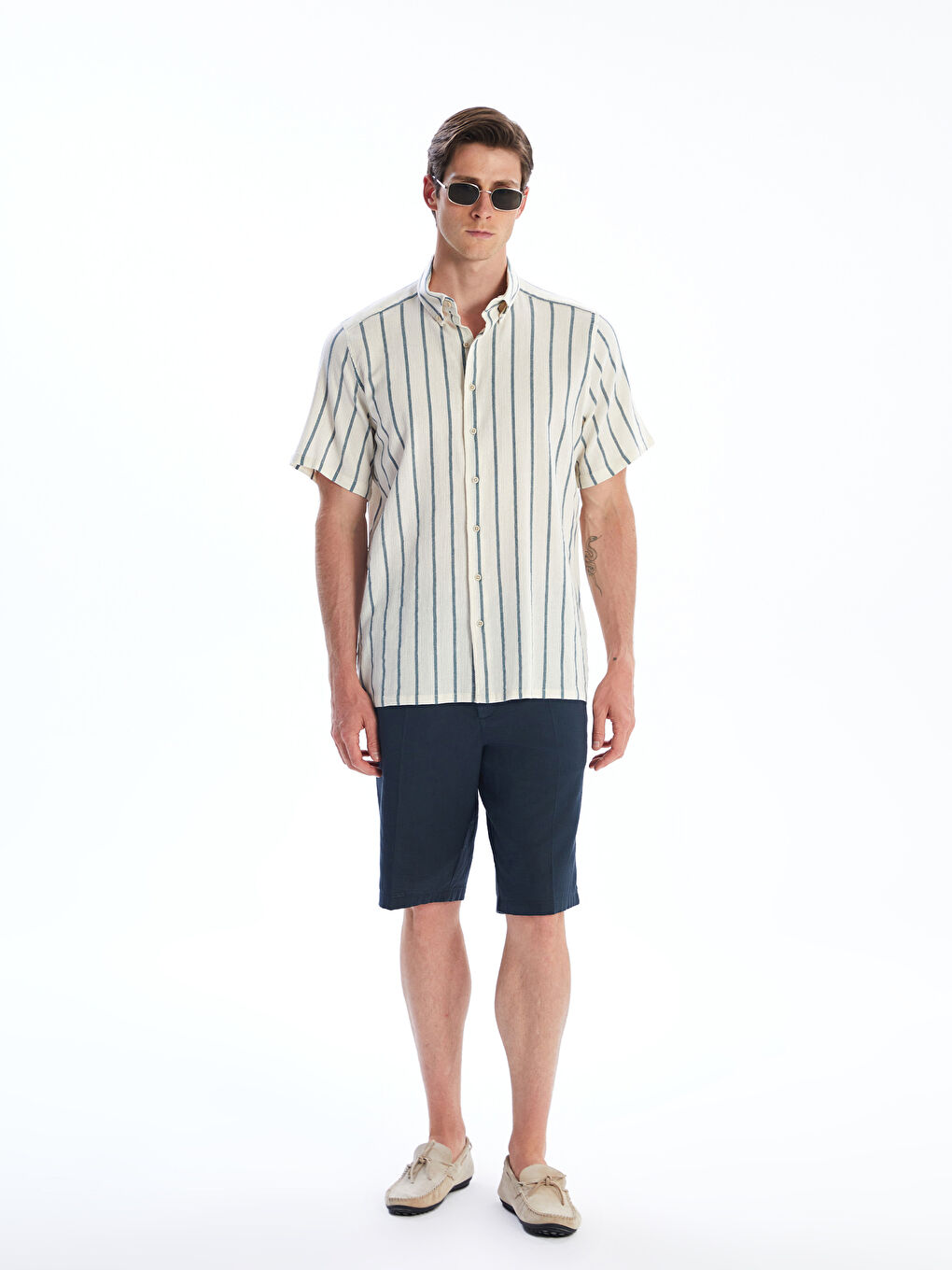 Mavi Regular Fit Kısa Kollu Çizgili Keten Görünümlü Erkek Gömlek-1