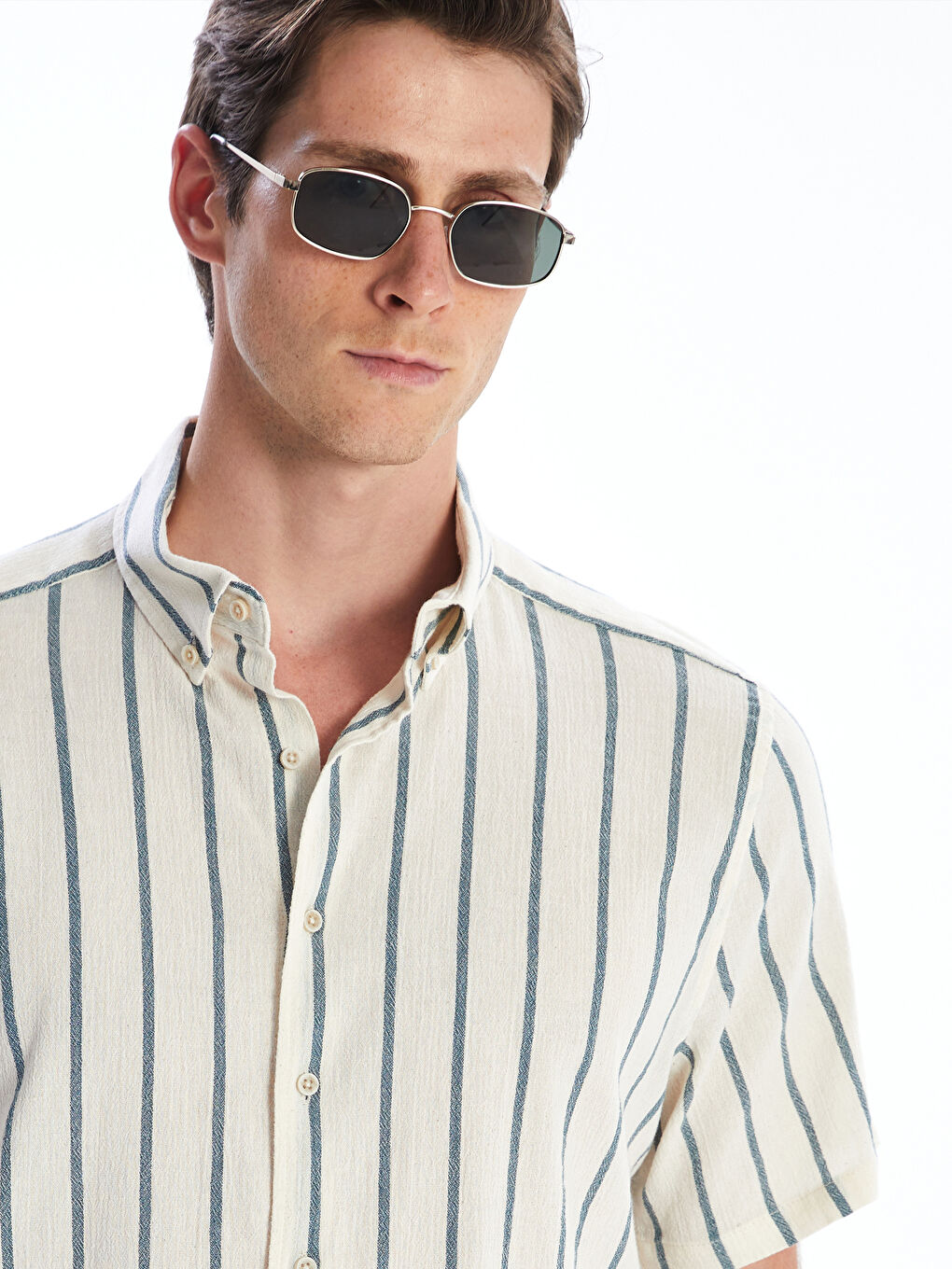 Mavi Regular Fit Kısa Kollu Çizgili Keten Görünümlü Erkek Gömlek-2