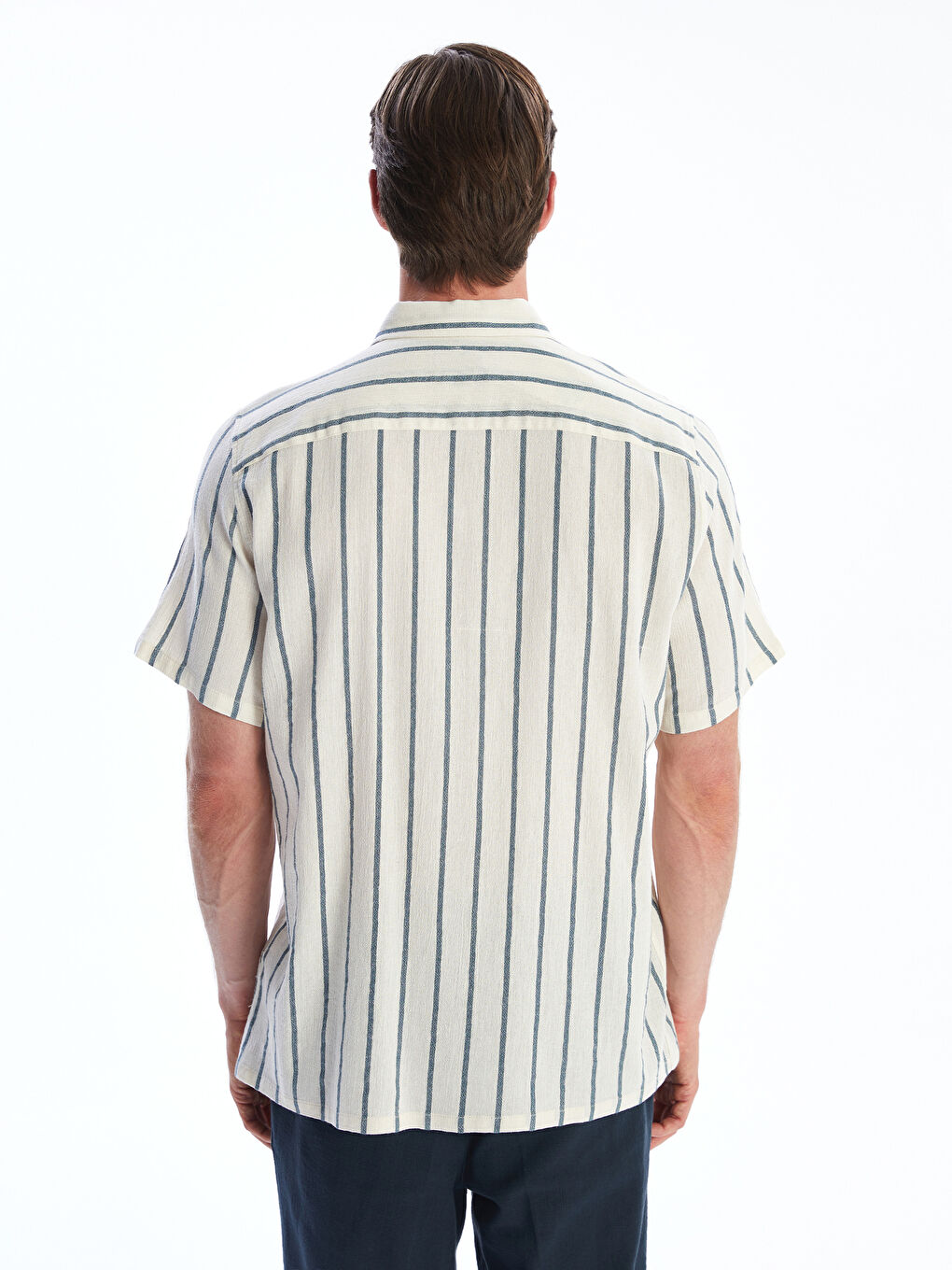 Mavi Regular Fit Kısa Kollu Çizgili Keten Görünümlü Erkek Gömlek-3