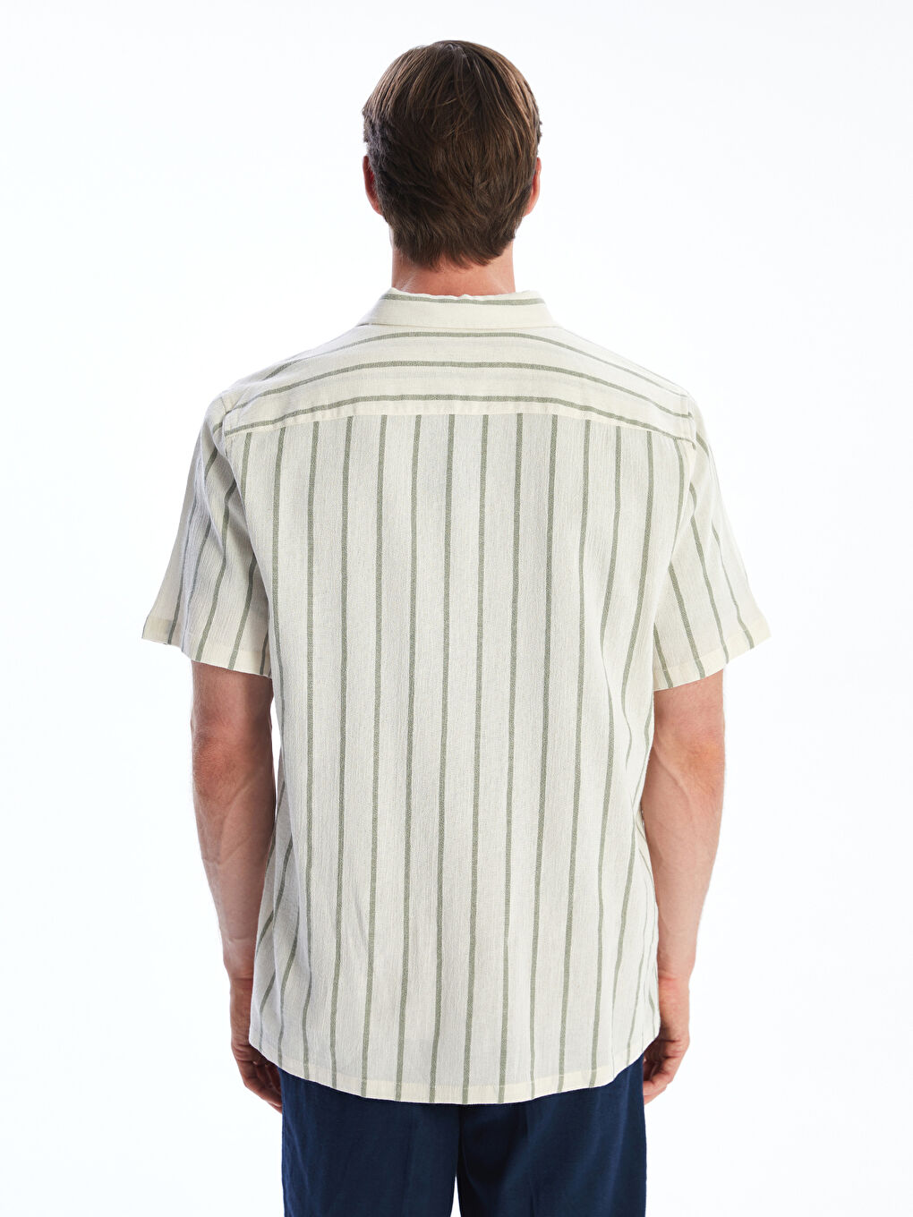 Yeşil Regular Fit Kısa Kollu Çizgili Keten Görünümlü Erkek Gömlek-3