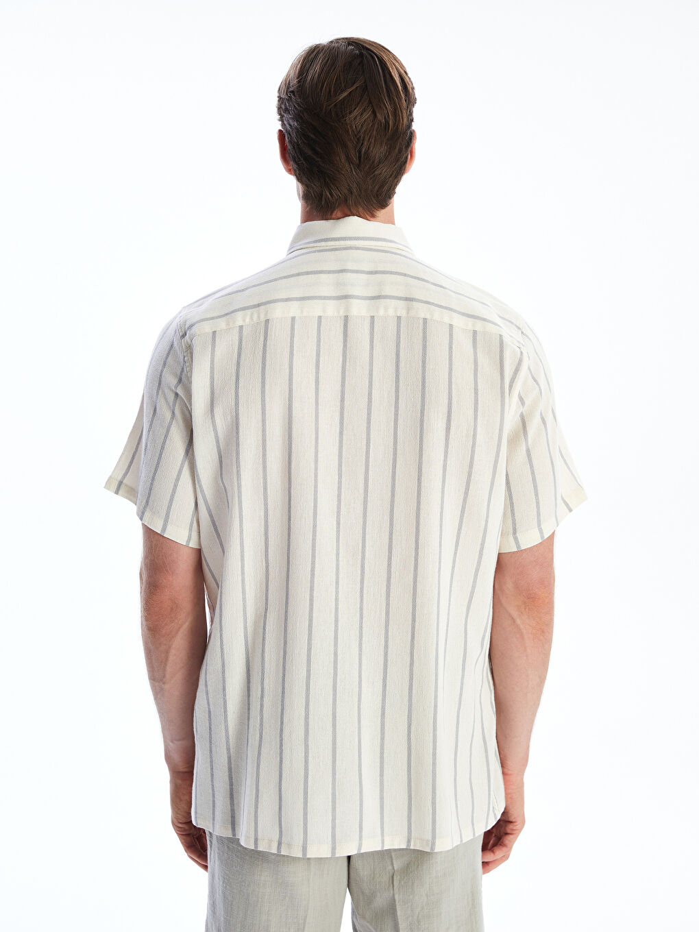 قميص رجالي عادي بكم قصير مخطط ولمسة كتان-3