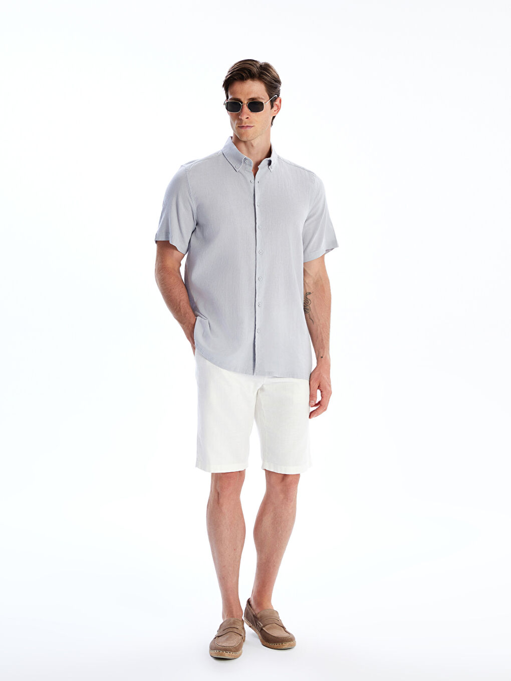 Gri Regular Fit Kısa Kollu Keten Görünümlü Erkek Gömlek-1