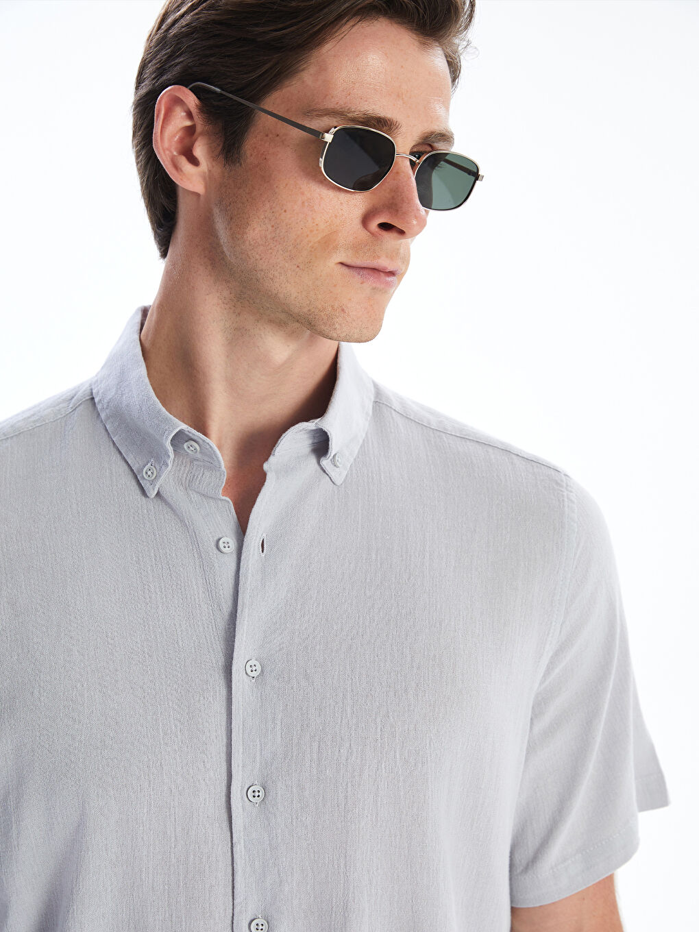 Gri Regular Fit Kısa Kollu Keten Görünümlü Erkek Gömlek-2